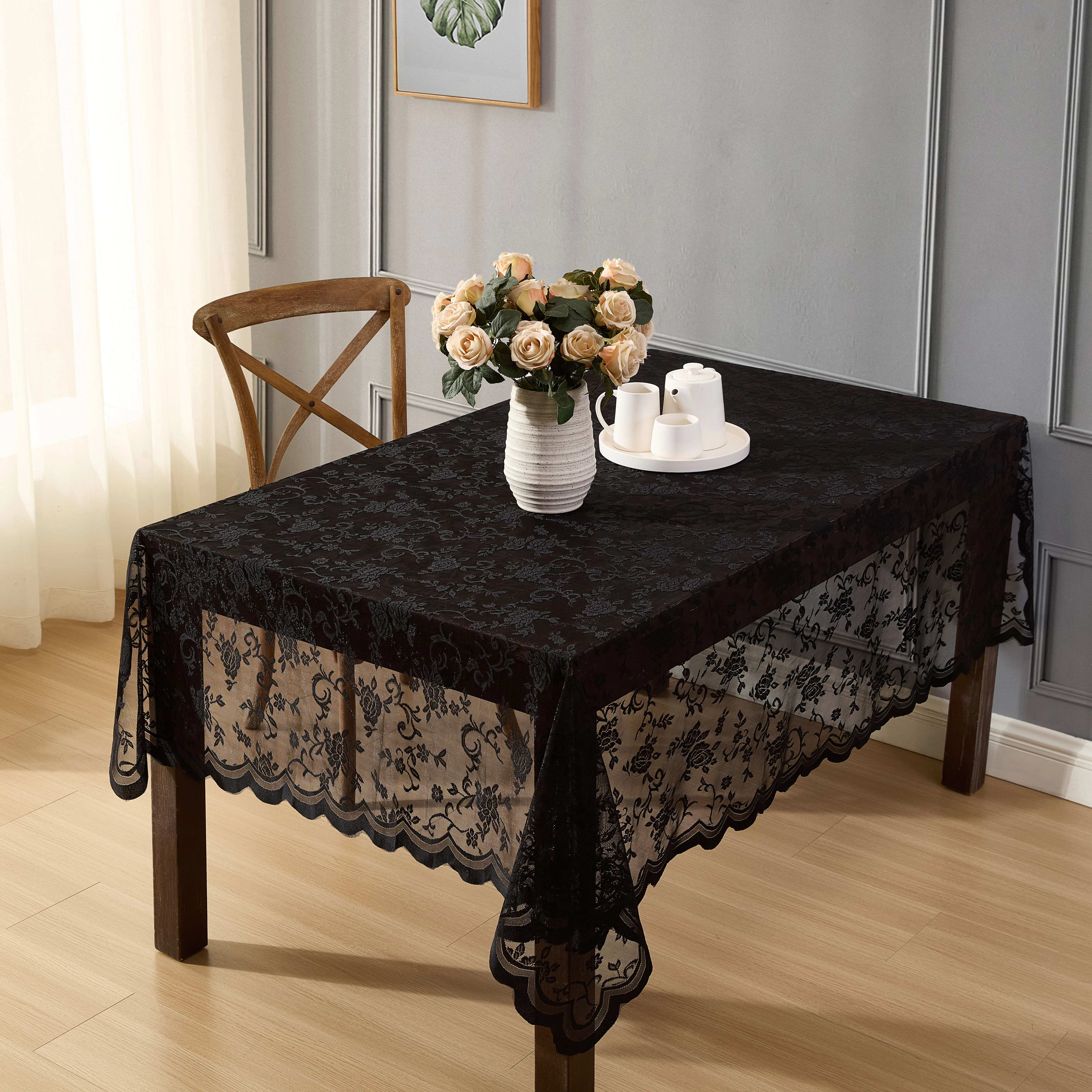 HLC.ME Harper Floral Scalloped Lace Fabric Wrinkle Resistant Tablecloth