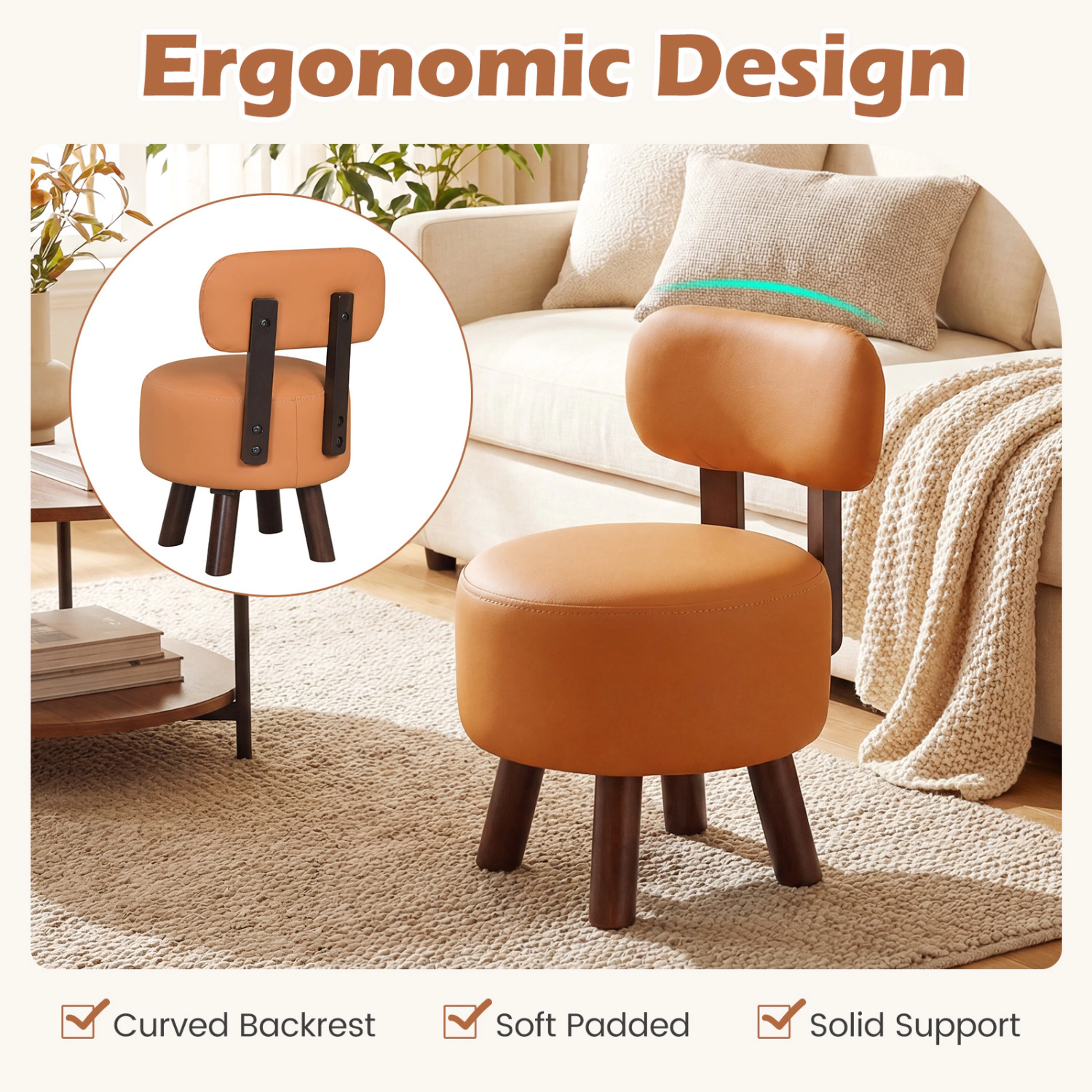 Glintex 2-Piece Round Footstool Set with Curved Backrests and Stackable Design, Orange
