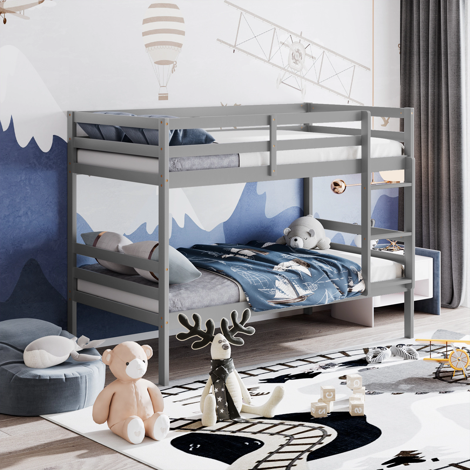 SUGIFT Gray Ladder and Safety Rail 400-lb Twin Over Twin Kids Wooden Bunk Bed