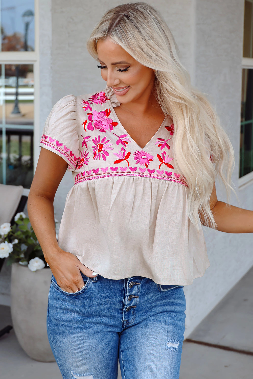 Threaded Pear Women's Jaliyah Floral Embroidered Notched V Neck Blouse