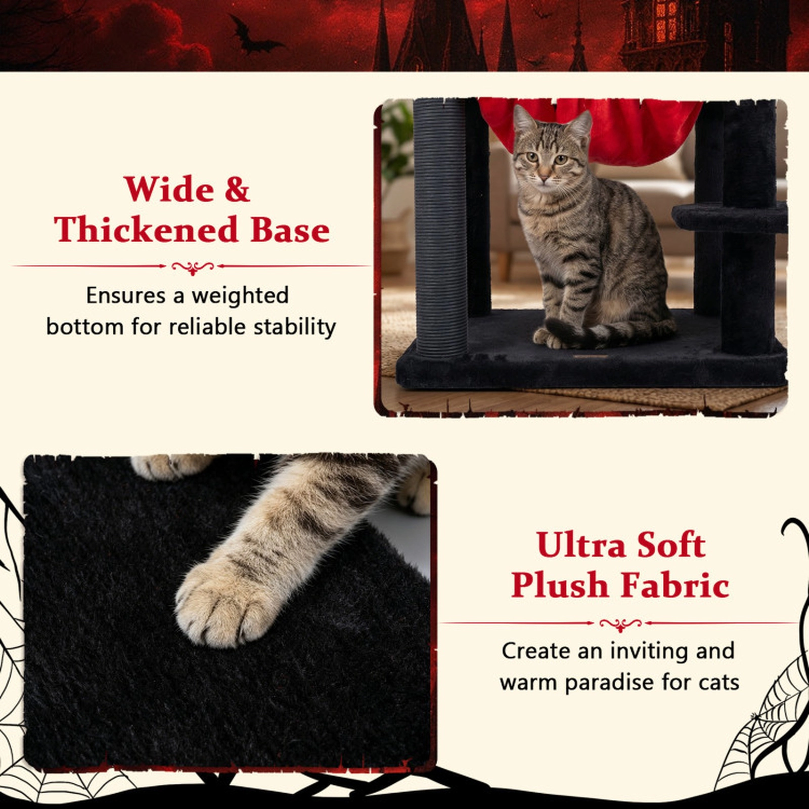 SUGIFT 51-in Gothic Multi-level Cat Tree with Spider Hanging Toy 22-lb Capacity Halloween Red & Black