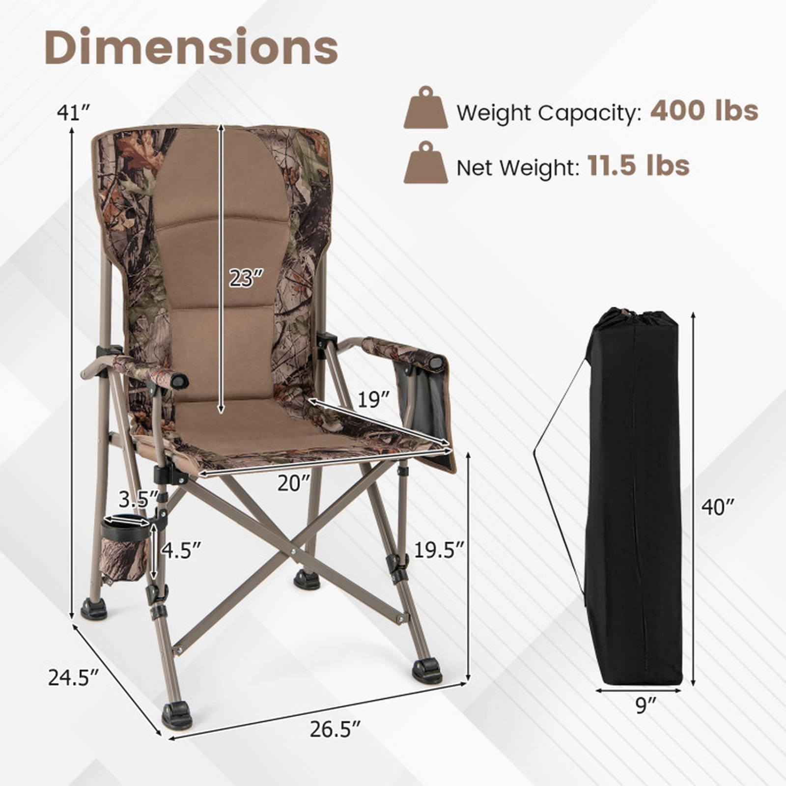 SUGIFT 400-lb Capacity 600D Oxford Folding Camping Chair with Cup Holder Mesh Pocket and Carry Bag