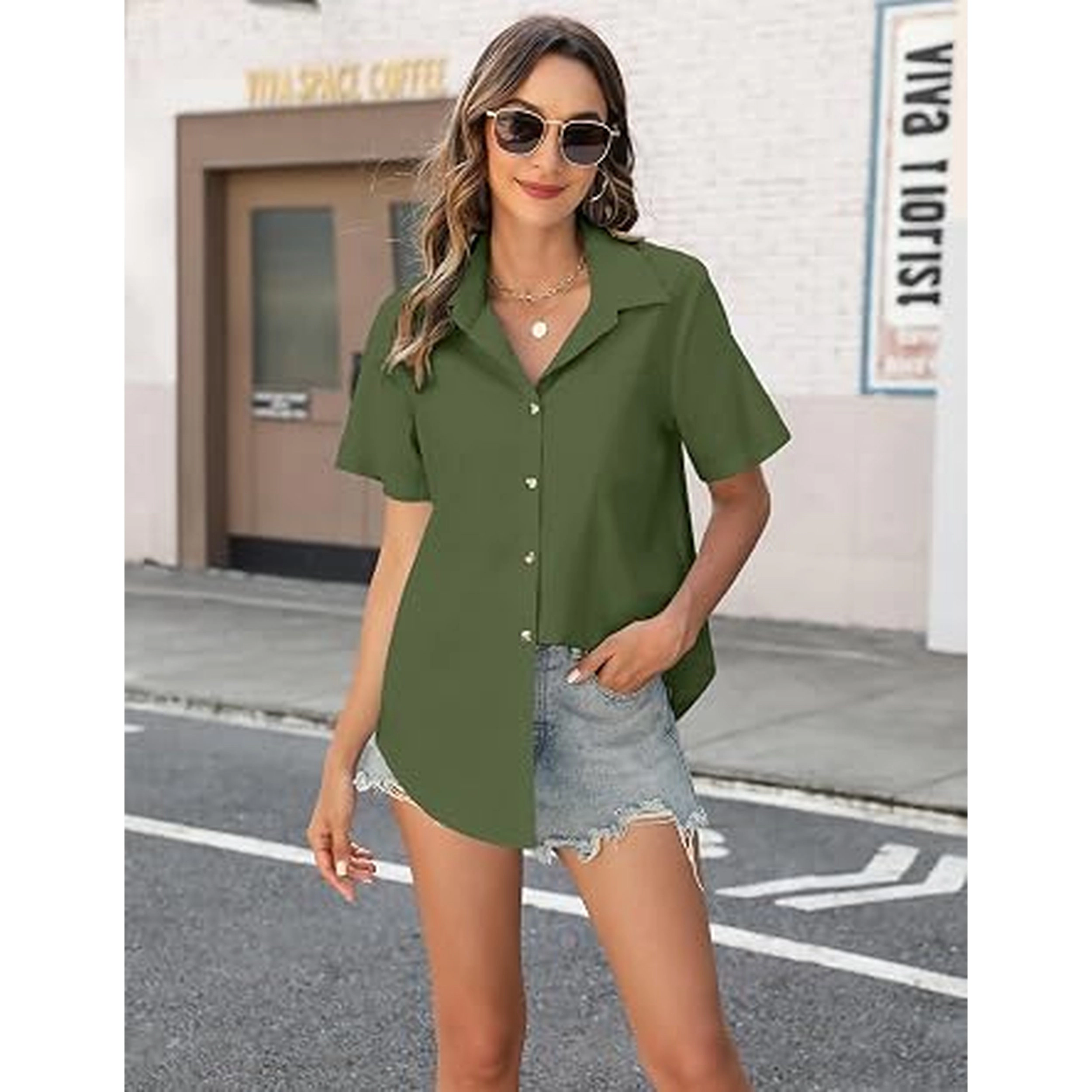 Zeagoo Button Down Shirts for Womens Short Sleeve Collared Linen Cotton Tops Boyfriend Solid Blouse