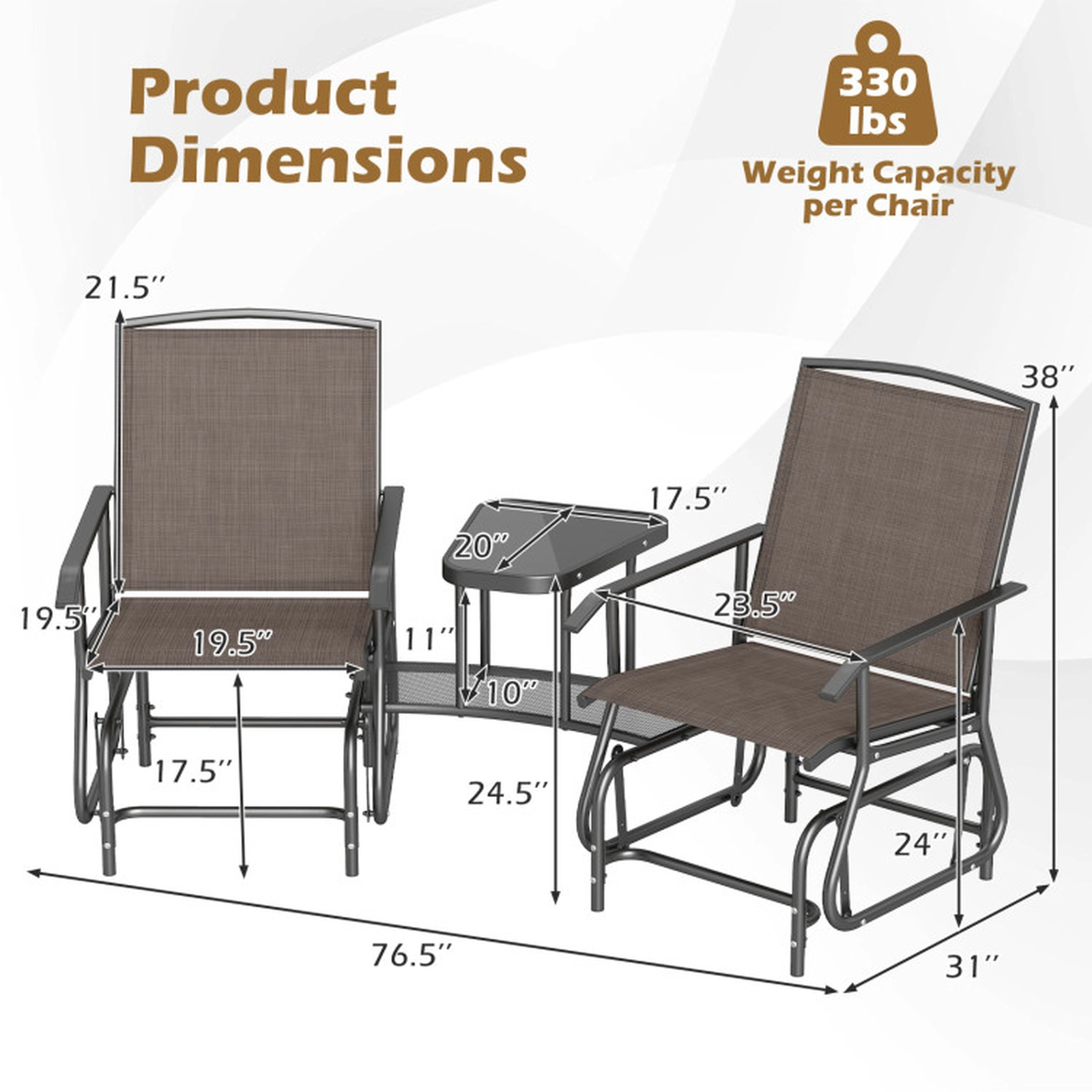 SUGIFT 2-Tier Center Table and Mesh Fabric 2-Seater Outdoor Glider Bench