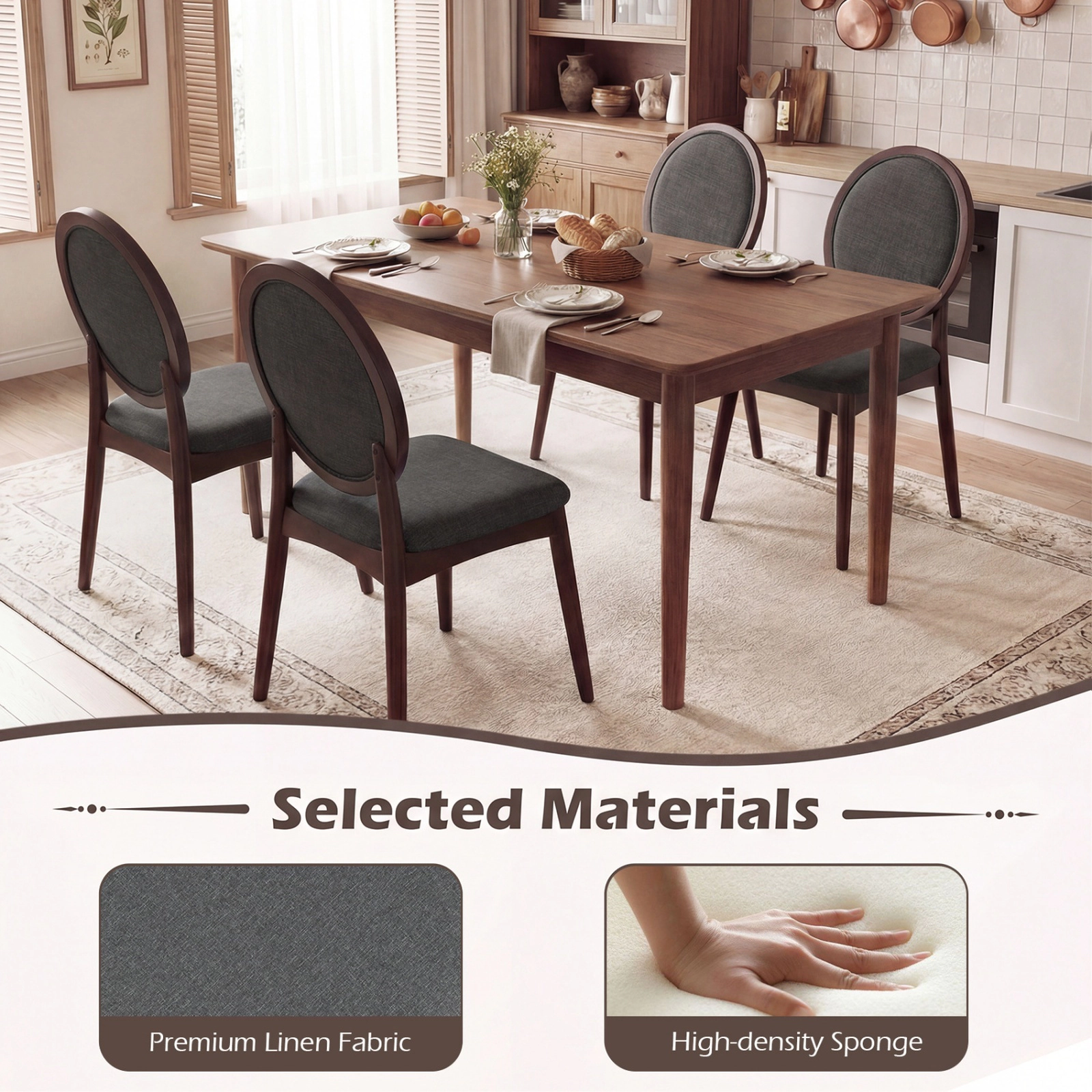 SUGIFT Set of 2 Black Linen Upholstered Dining Chairs, Mid-Century Modern