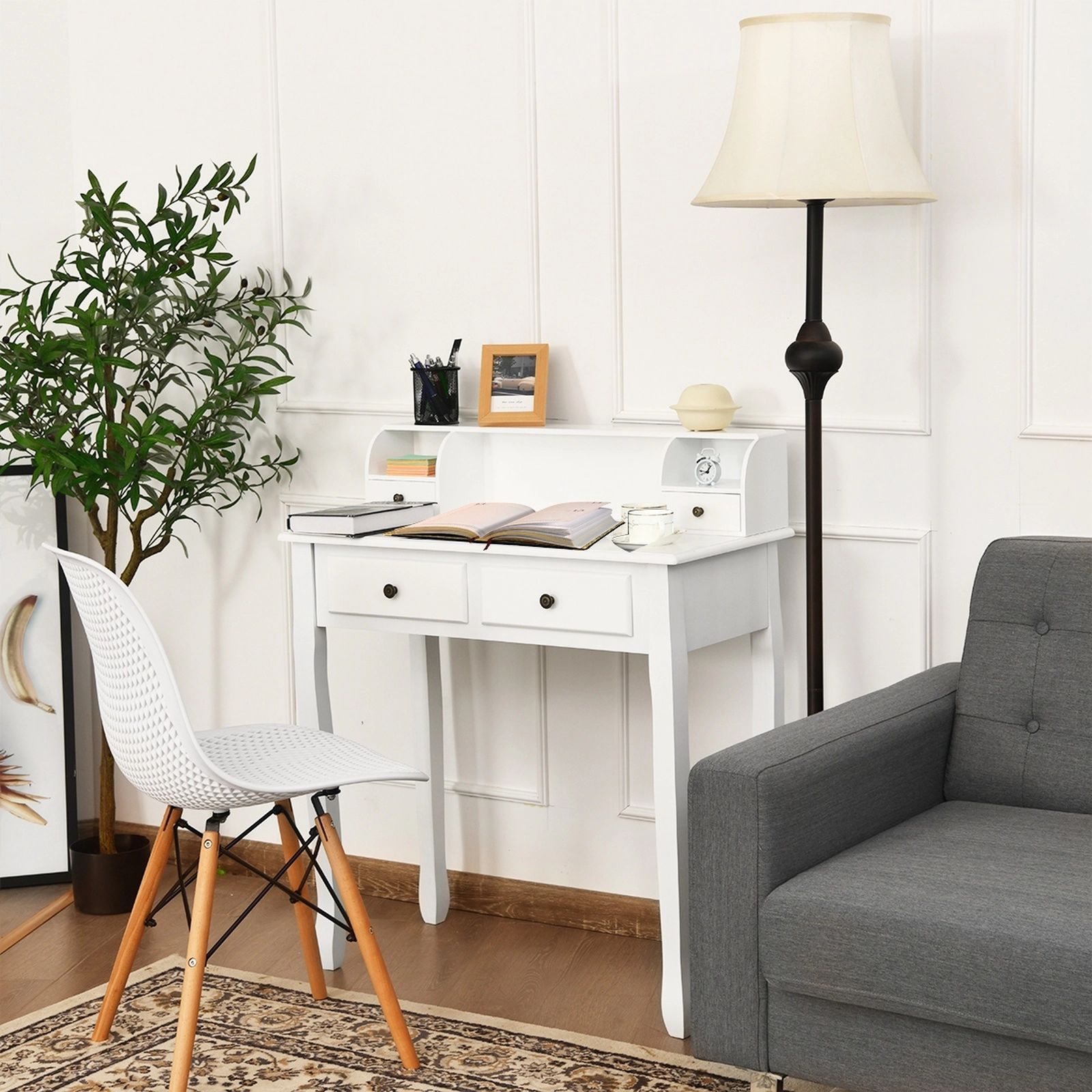 SUGIFT 31.5 in Writing Desk White 2-Tier Vanity Desk with 4 Drawers and Hutch