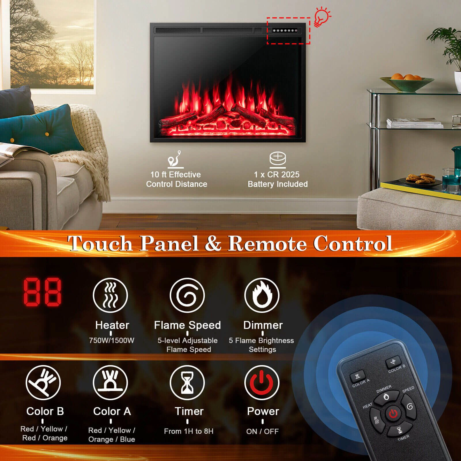 SlickBlue Electric Fireplace Heater for Living Room, 34/37 Inch Recessed or Freestanding Design