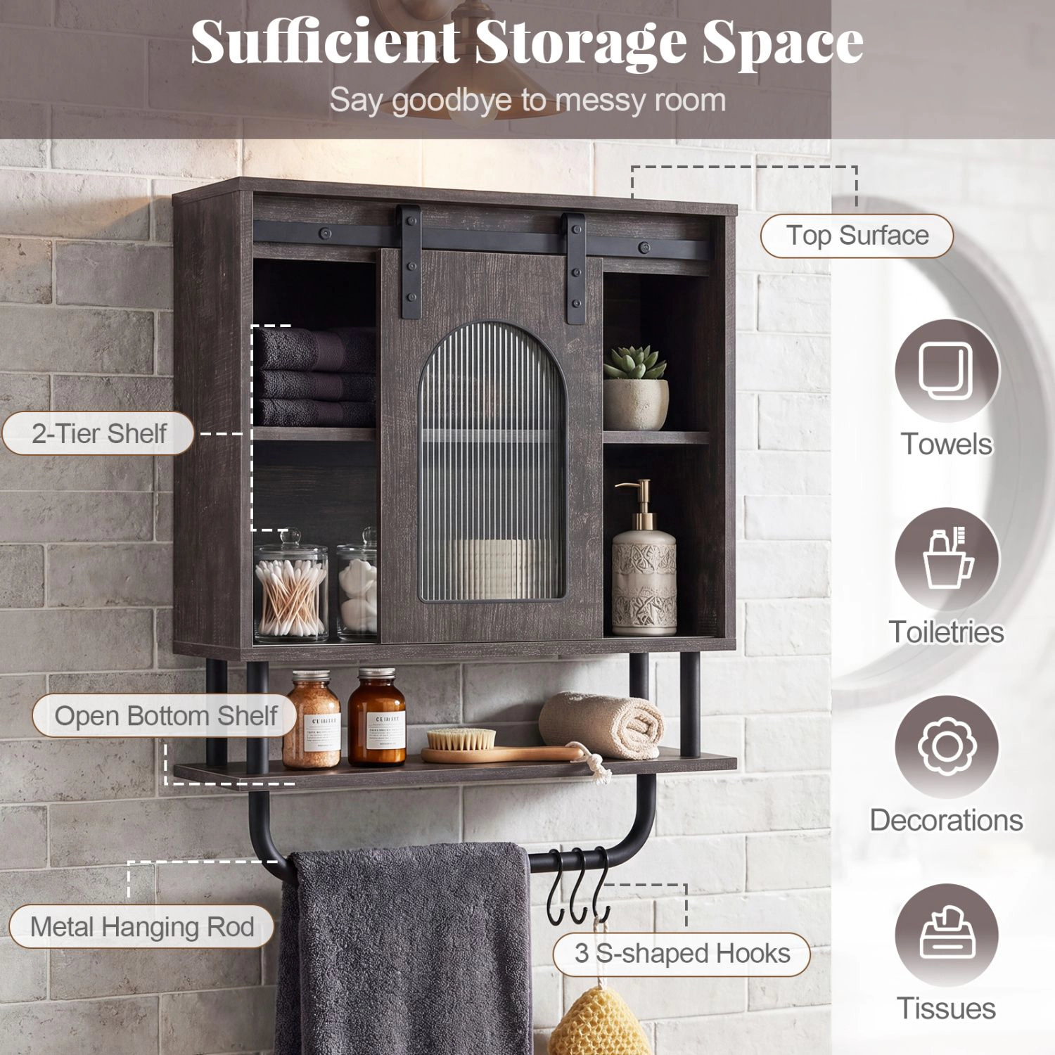 SlickBlue 3-Tier Wall Storage Cabinet with Hooks for Bathroom Entryway