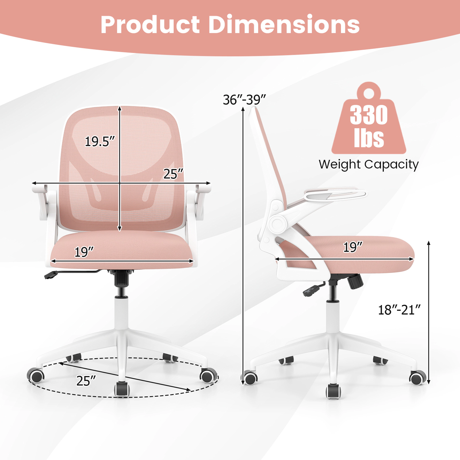 SUGIFT 330-lb Capacity Pink and White Mesh Computer Desk Chair with Built-In Lumbar Support and Flip-Up Arms
