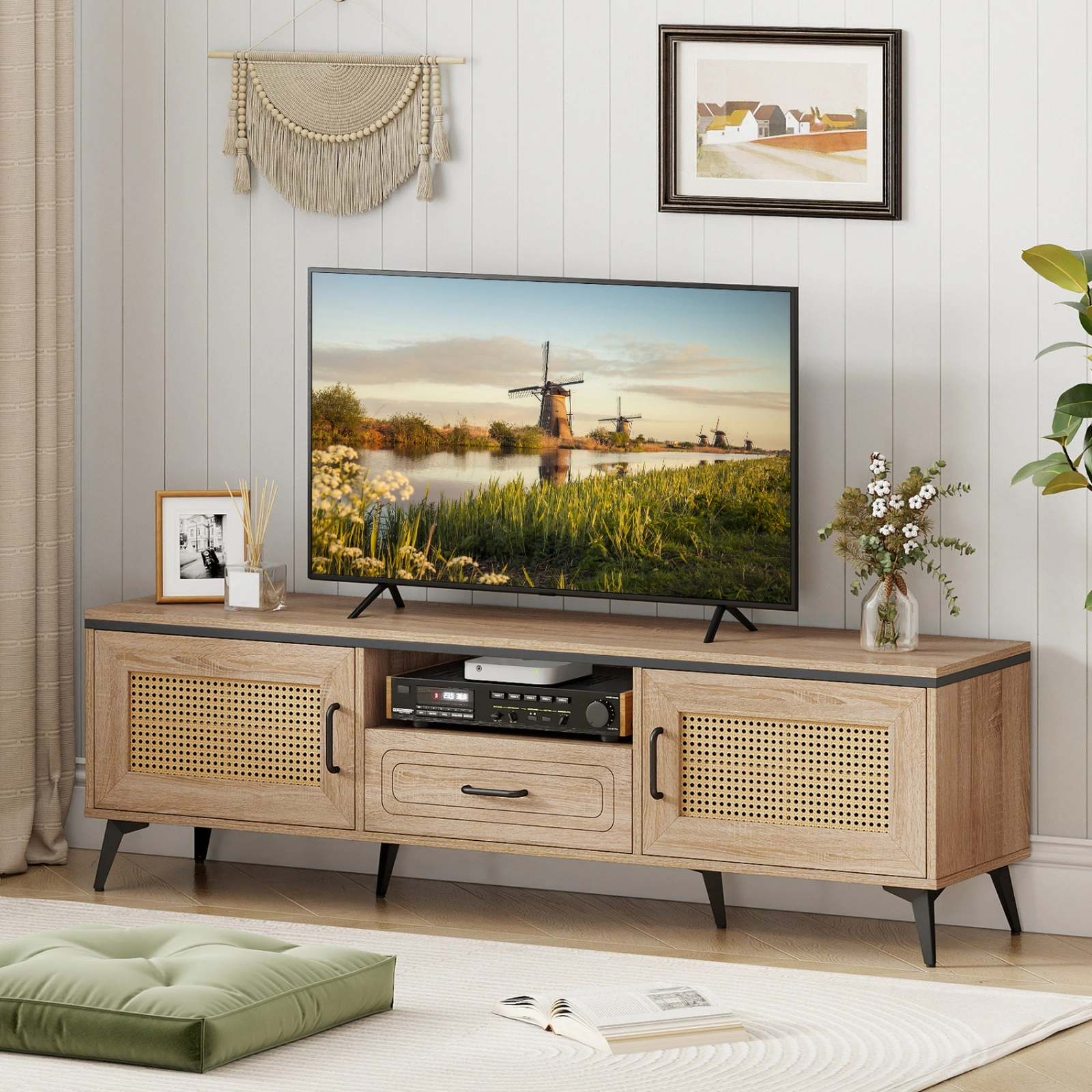 SUGIFT Mid Century Modern Entertainment Center Oak with 2 Cabinets and Drawer