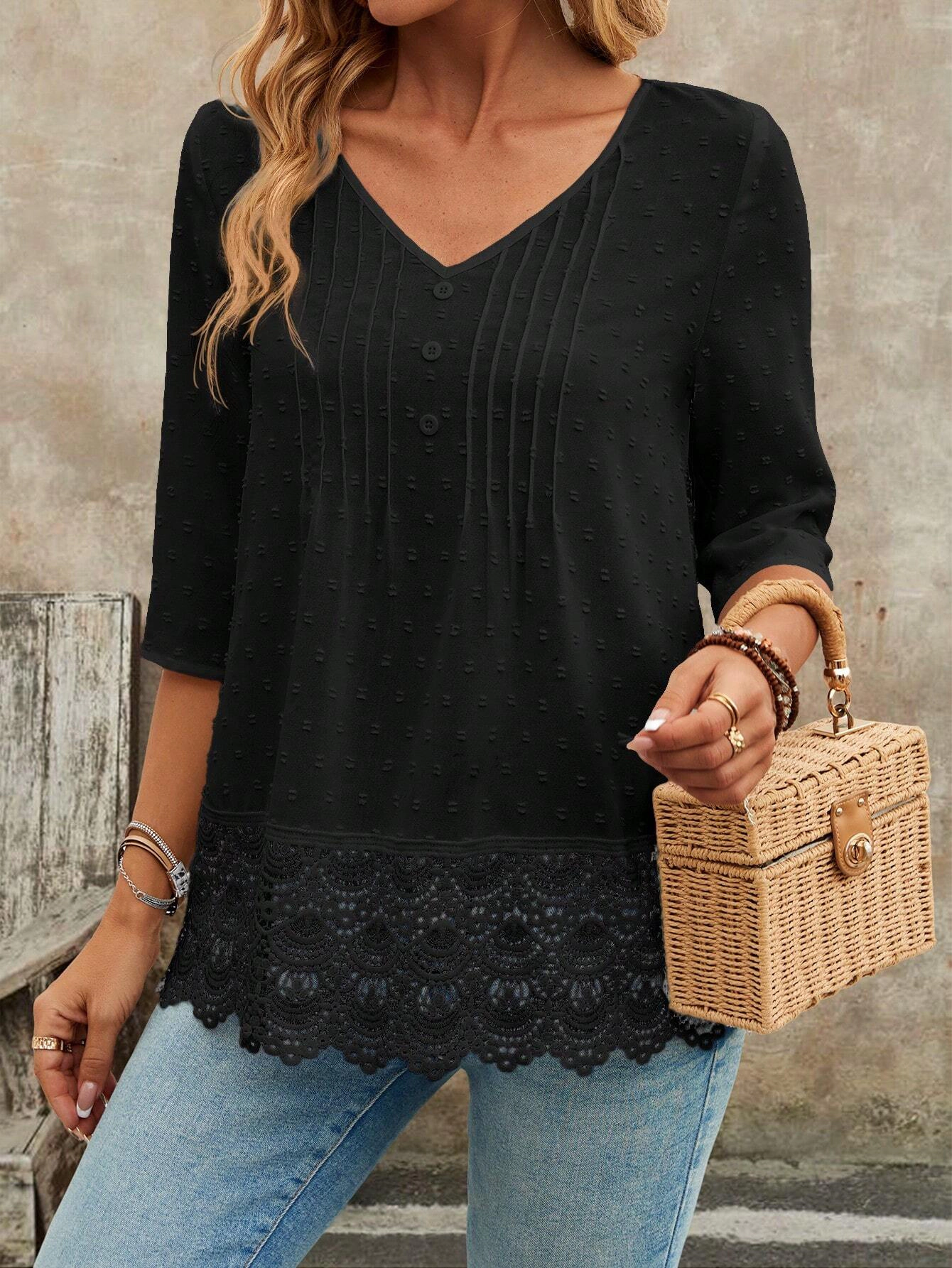 KOJOOIN Women's V Neck 3/4 Sleeve Dot Crochet Lace Trim Tunic Blouse Top