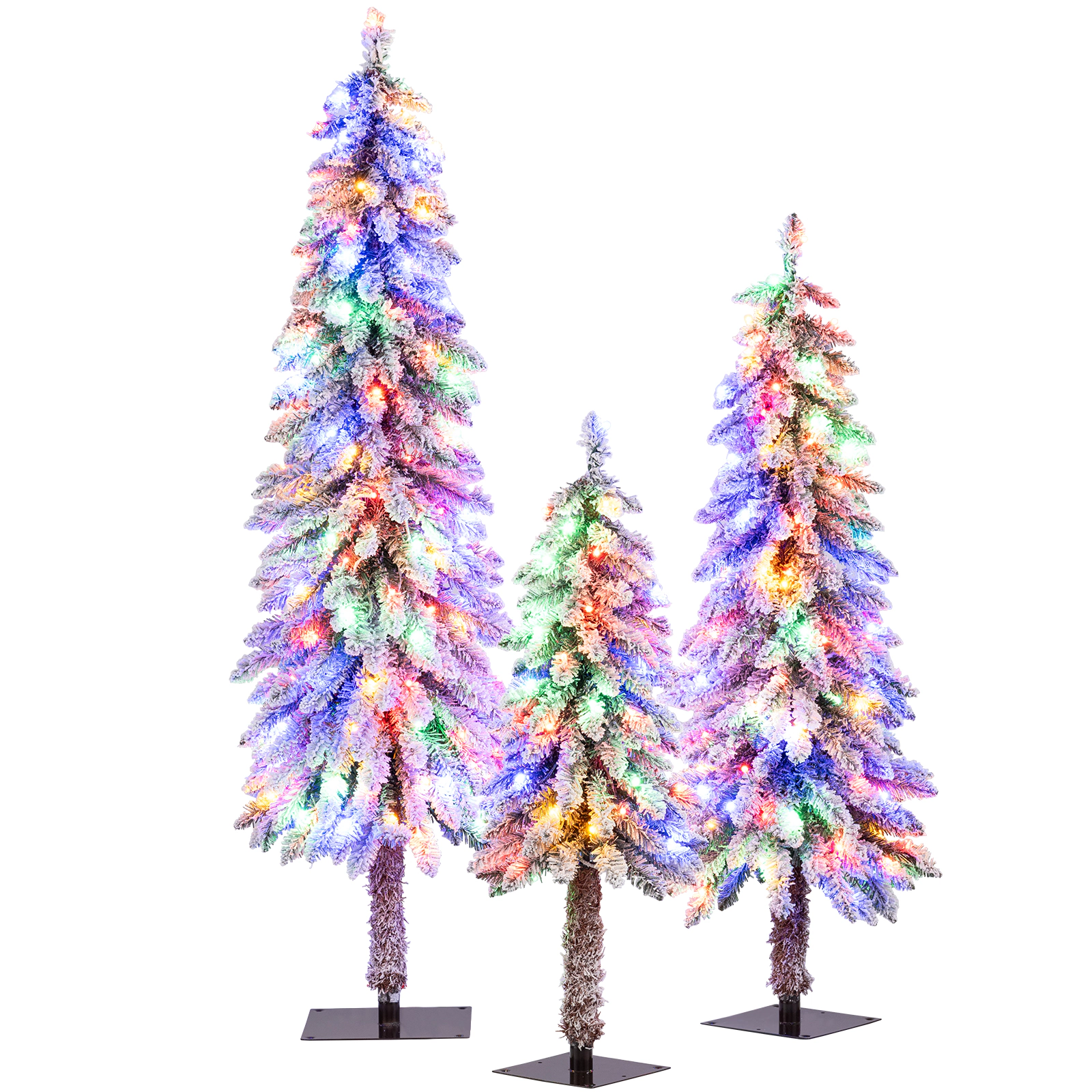 SUGIFT Set of 3 Pre-Lit Snow Flocked Christmas Trees 3 ft 4 ft 5 ft Slim Artificial Xmas Trees