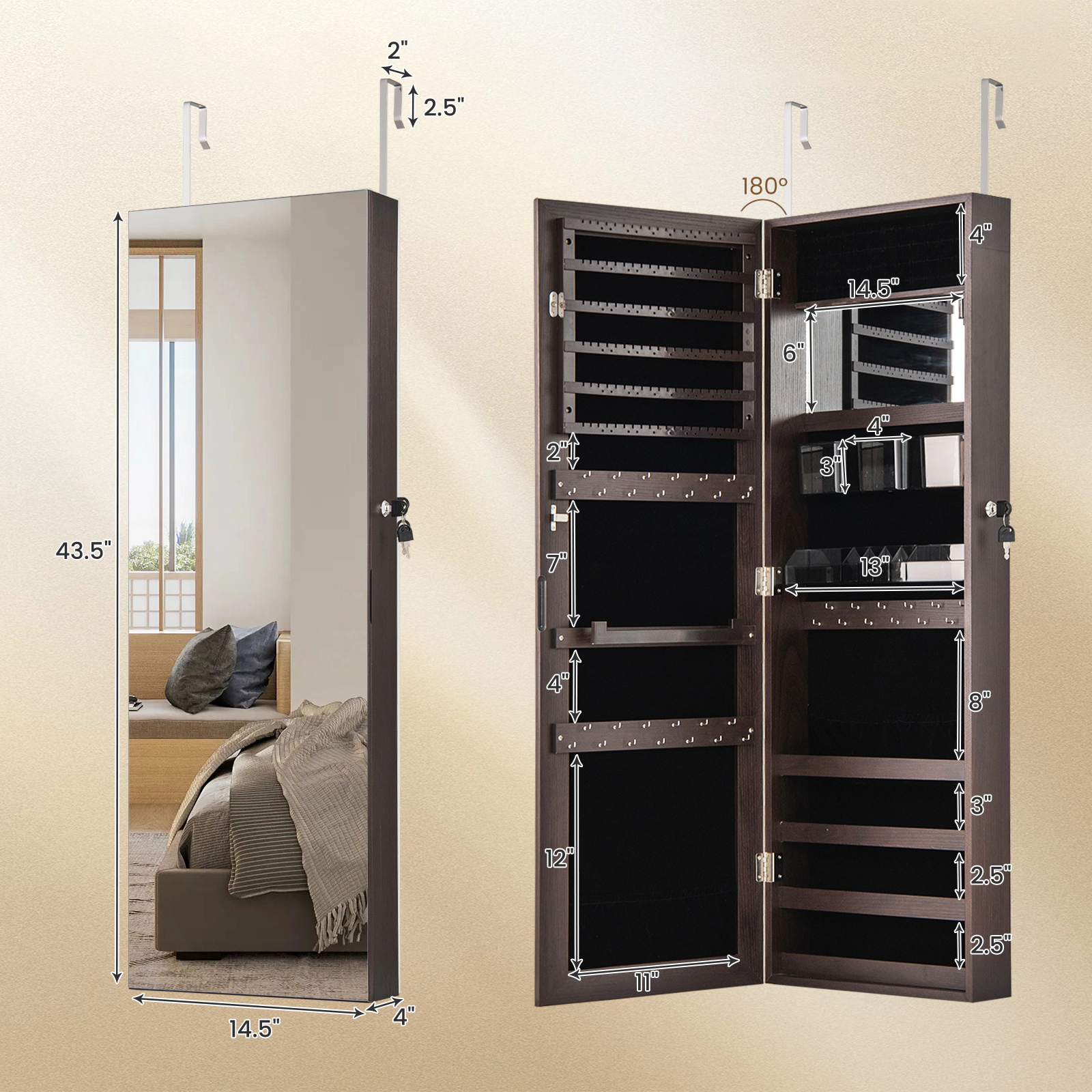 Hivvago Jewelry Mirror Cabinet with Adjustable Hangers