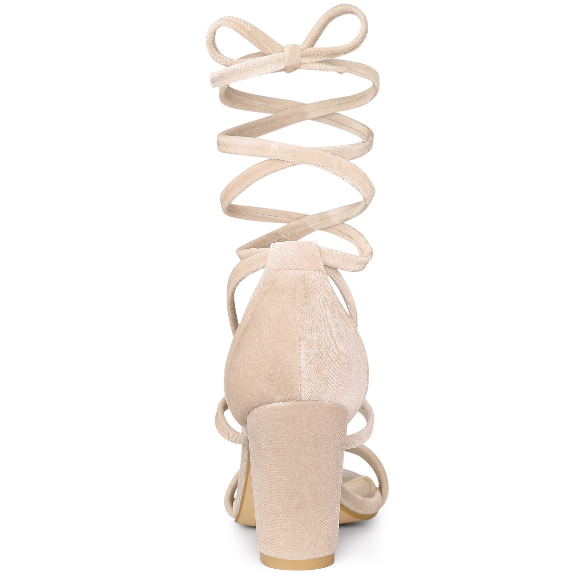 BLISSFUL STEP Women's Faux Velvet Lace Up Chunky Heel Strappy Sandals