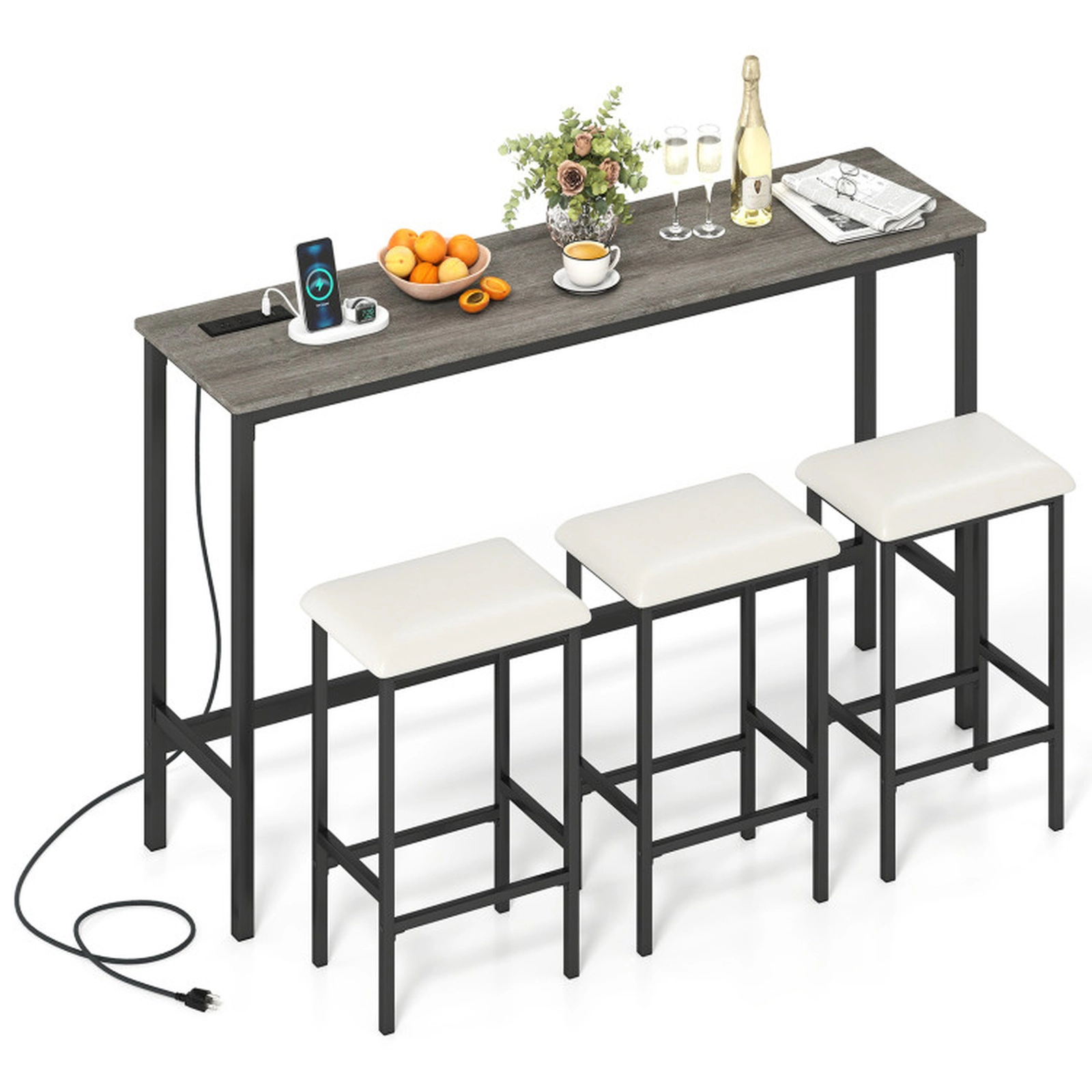 SUGIFT Gray Power Outlet and 3 Padded Stools 4-Piece Counter Height Bar Table Set