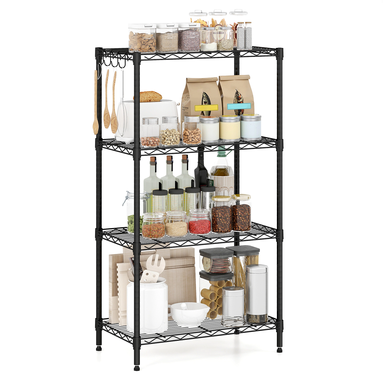 SUGIFT 4-Tier 600-lb Capacity Adjustable Metal Storage Shelves with V-Shaped Wire Racks and 4 Hooks