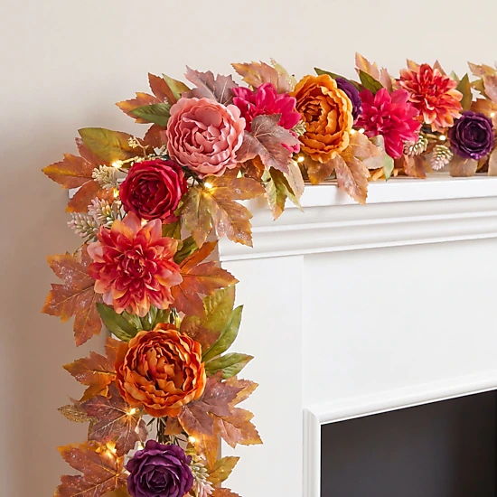 BrylaneHome 6 Ft. Pre-Lit Peony Delight Garland, Color: Red Orange ...
