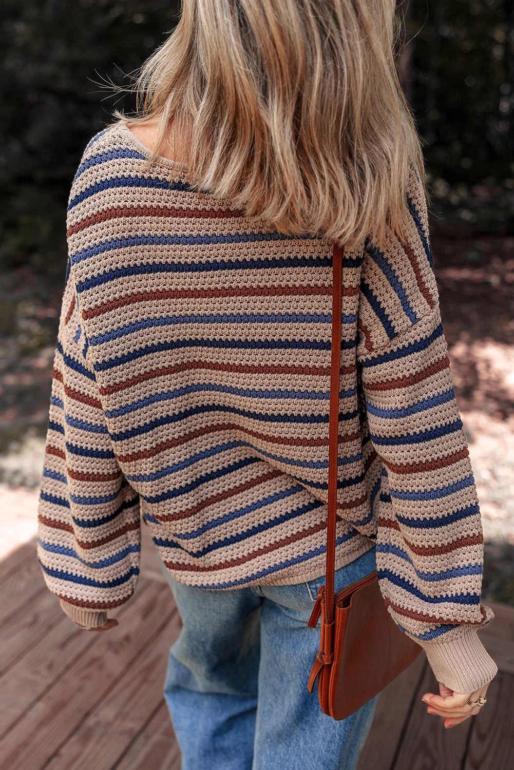 Threaded Pear Women's Emery Striped Knitted Drop Shoulder Round Neck Sweater