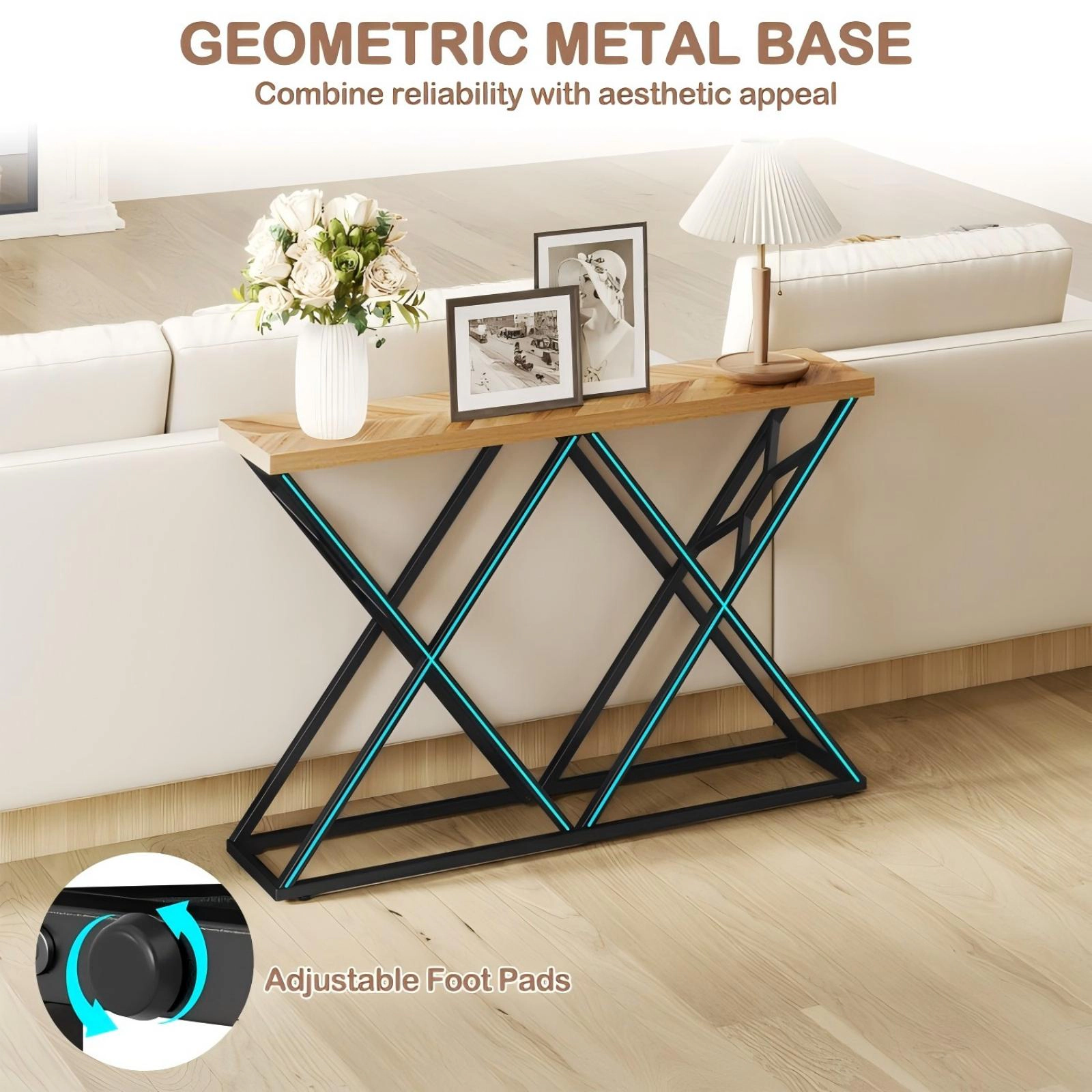 SUGIFT Console Table with Solid Metal Frame 165-lb Tabletop Capacity Wood Color 1.5-in Thick Top
