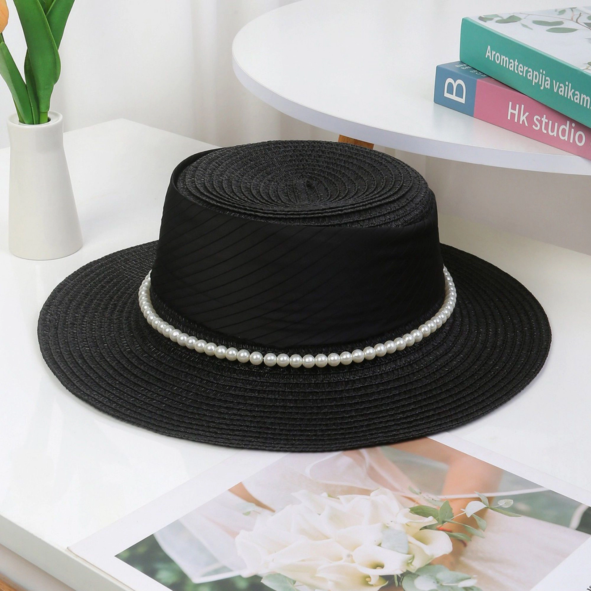 Anna-Kaci Women's Straw Boater Hat with Flat Brim Structured Crown Pearl Ribbon Band Detail