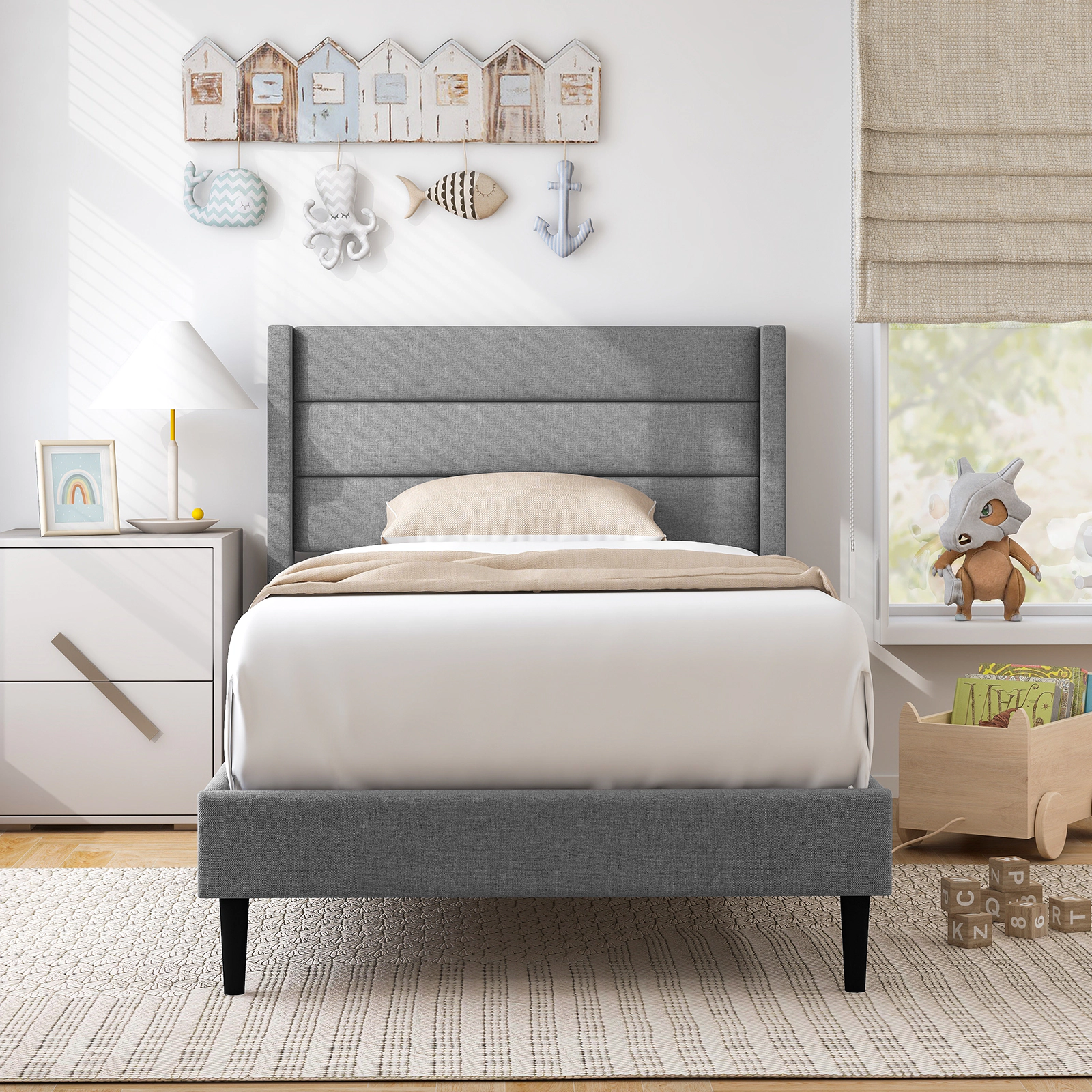 LJG Linen Upholstered Platform Twin/Queen Bed Frame with Wingback Headboard