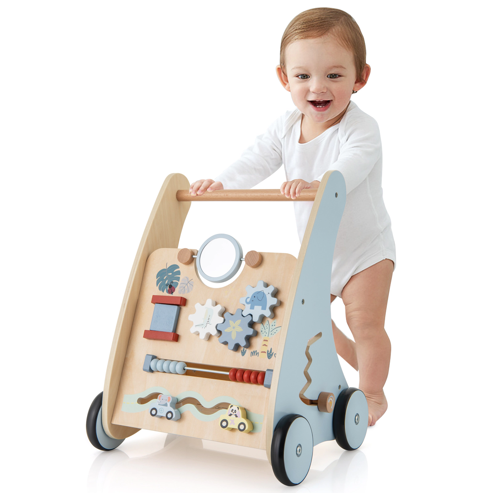 SUGIFT Wooden Baby Push and Pull Walker with Multi-Activity Learning Center 18-in Tall 3+ Years Blue