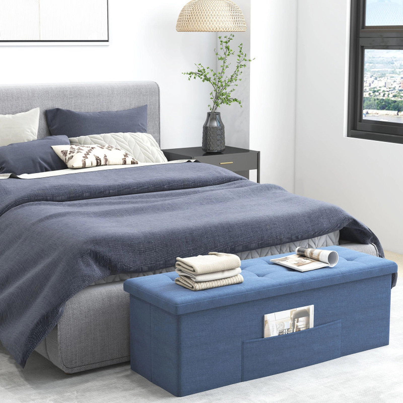 SUGIFT 43-Inch Folding Storage Ottoman Bench, Dark Gray Linen Seat, 38-Gallon Capacity