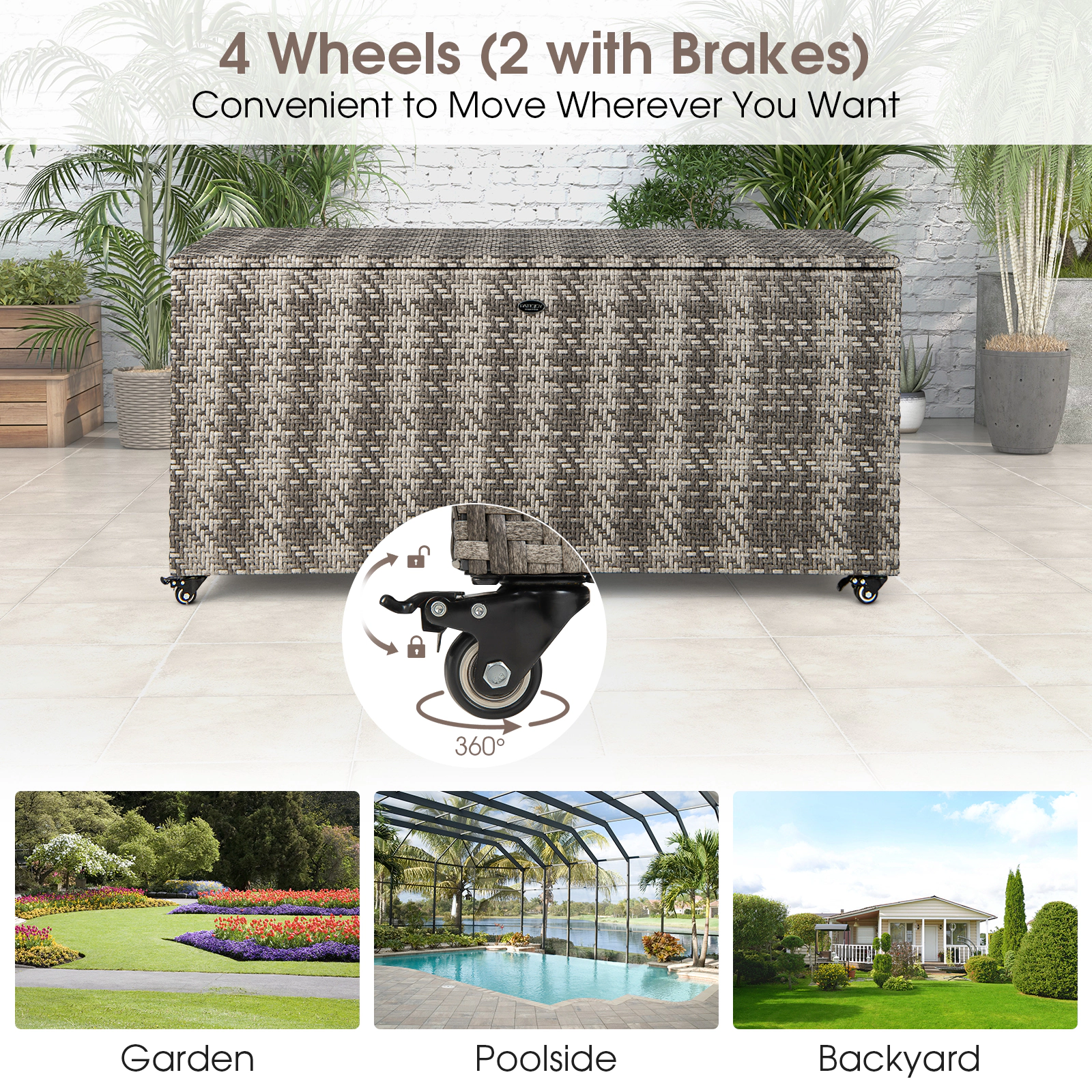 SUGIFT 96-Gallon 4 Wheels Waterproof Liner PE Wicker Outdoor Storage Box 52-in x 22-in x 25-in 35-lb Gray