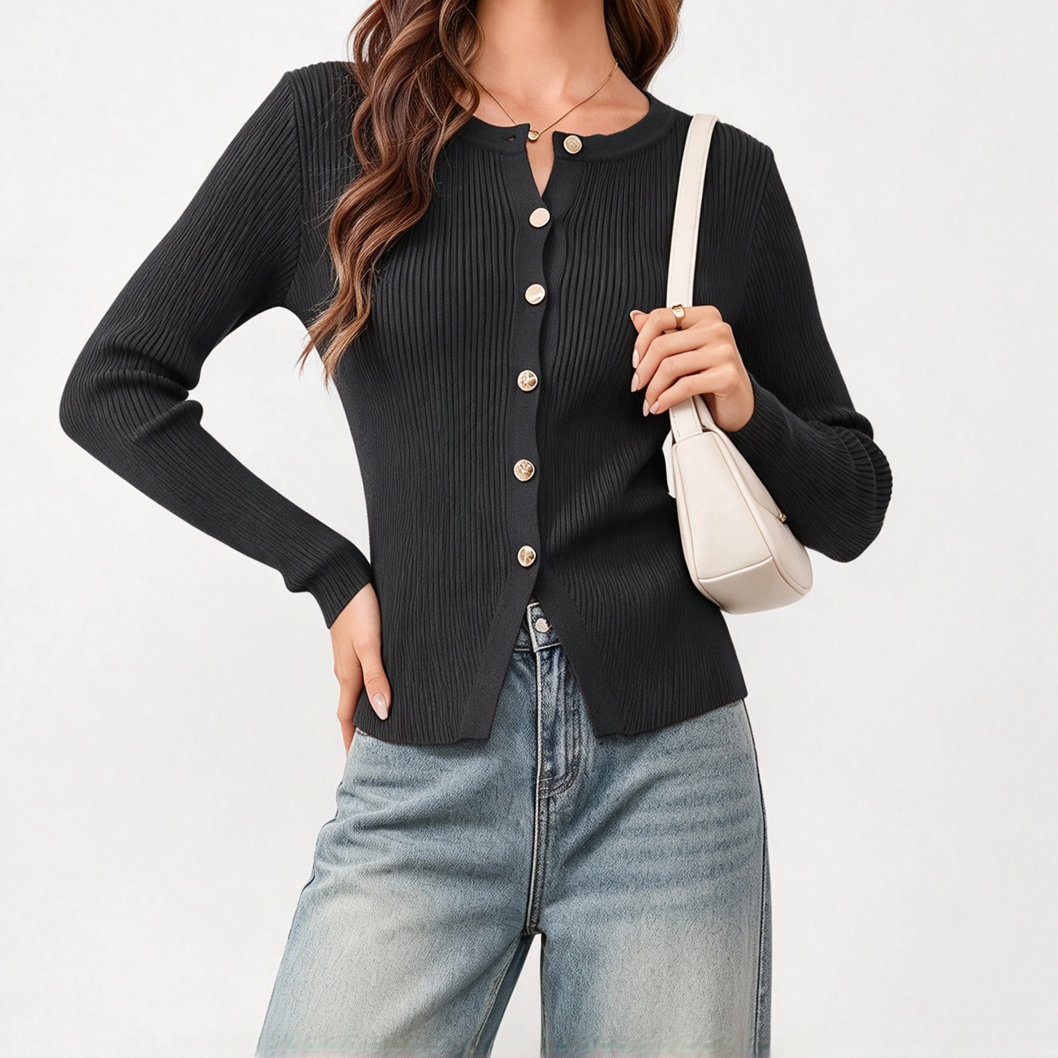 YesFashion Women's Crew Neck Long Sleeve Cardigans Front Split Gold Button Down Fall Winter Sweater