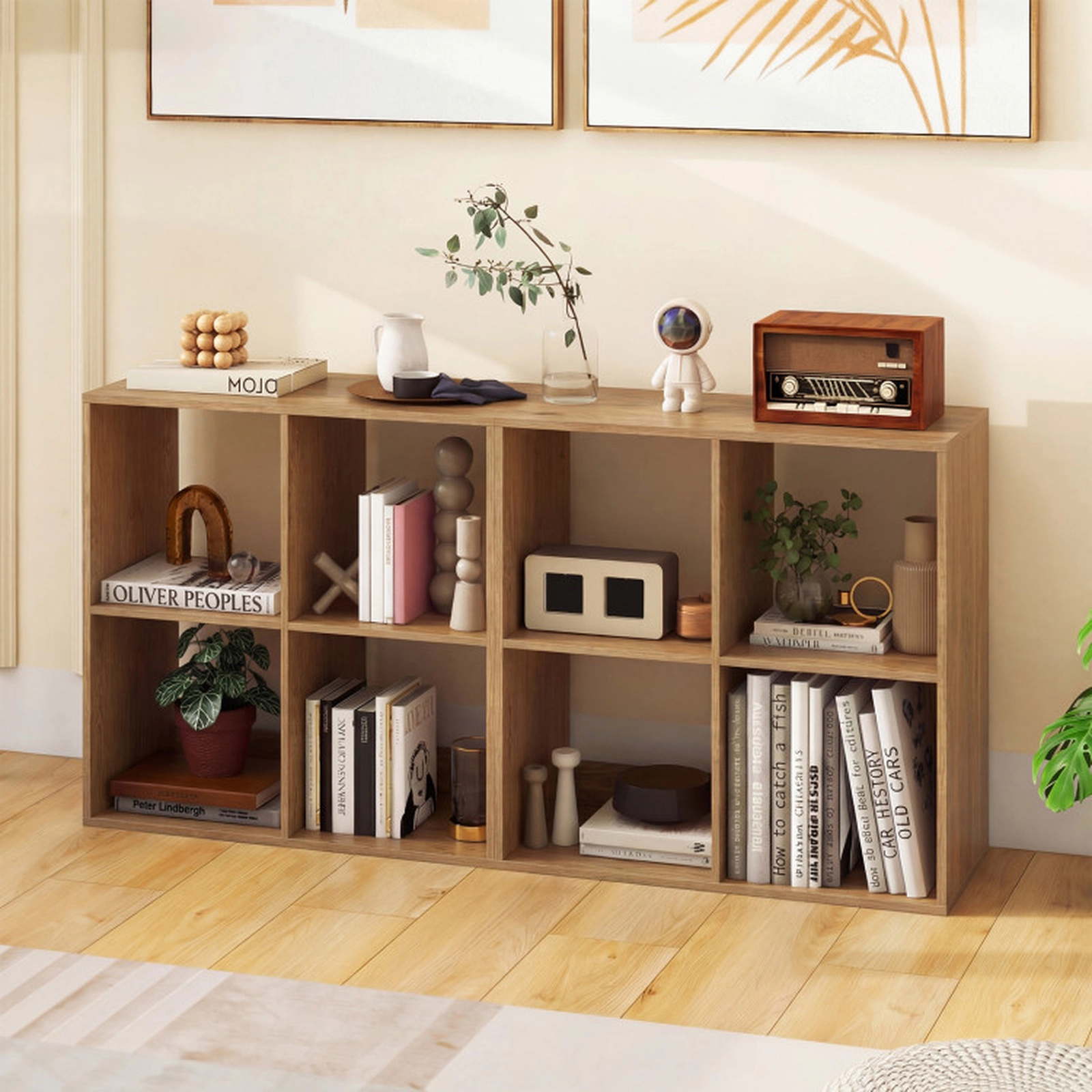 SUGIFT 4-Cube Bookshelf with Back Guardrail 100-lb Tabletop Capacity 22-lb Cube Capacity Natural White Black Coffee