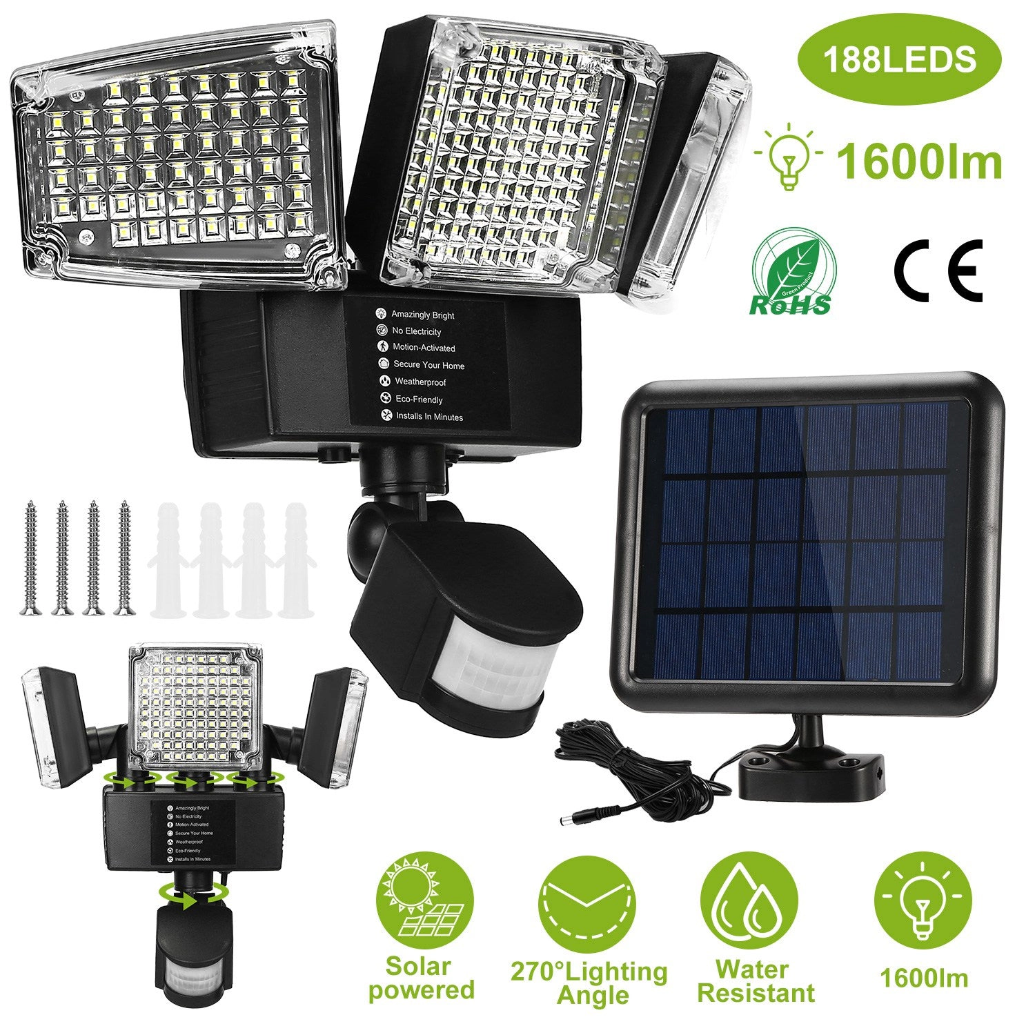 GBruno 188-LED Solar Motion Sensor Security Light