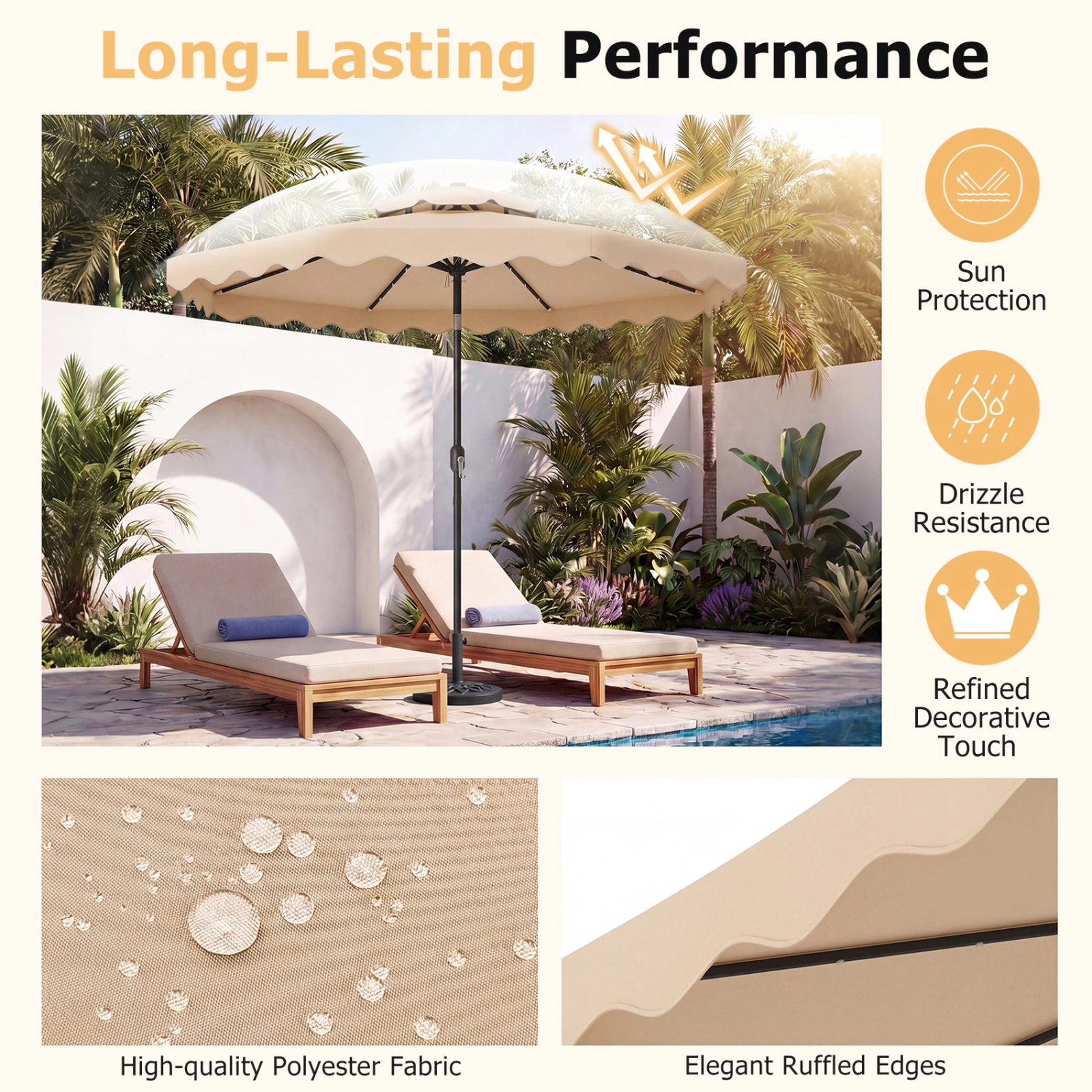 SUGIFT 9-ft Beige Solar Patio Umbrella with 24 LED Lights, Crank Lift and Push-Button Tilt