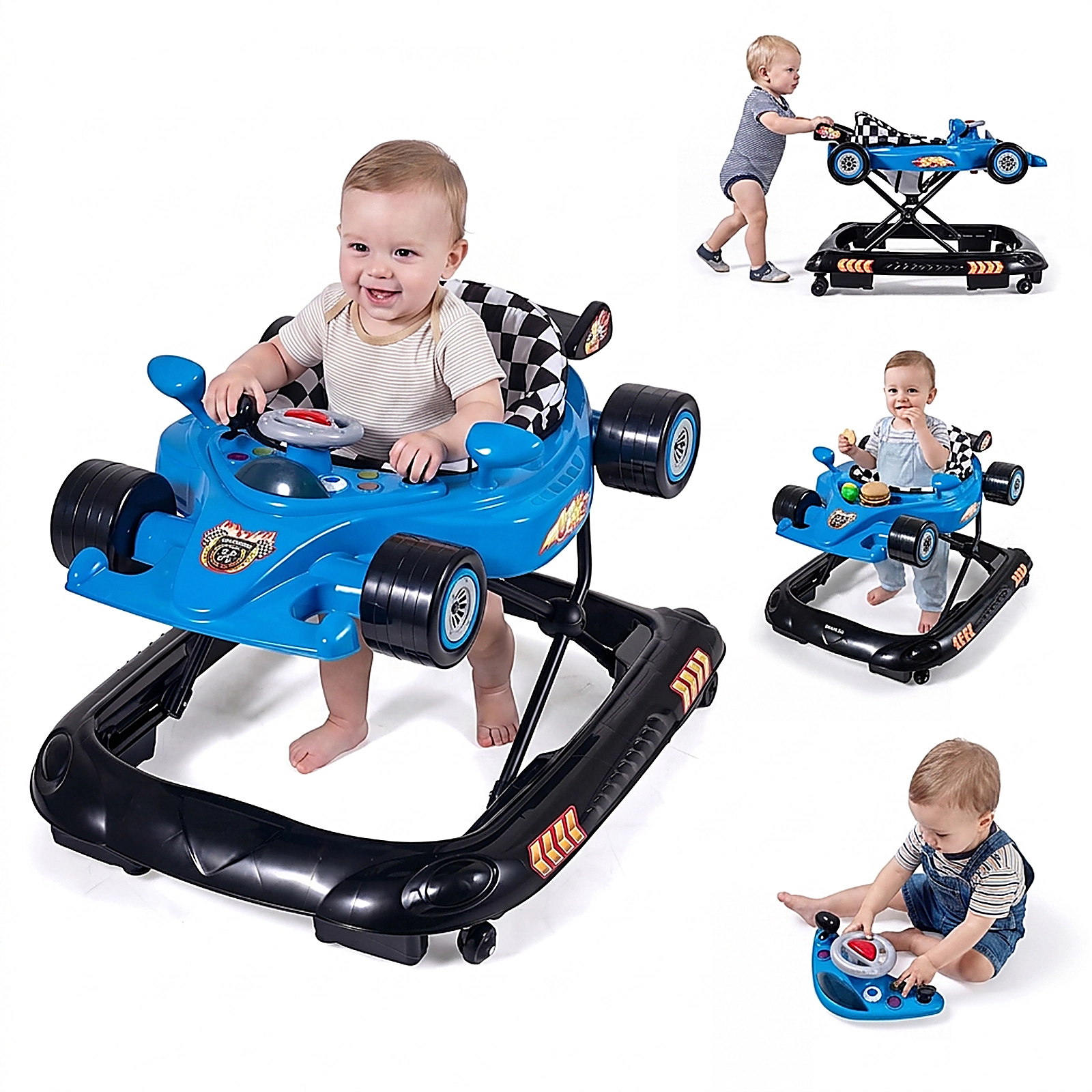 SUGIFT Convertible Baby Walker with 3 Adjustable Height Settings 26.5-lb Capacity Ages 7-14 Months Racing Car Style Blue