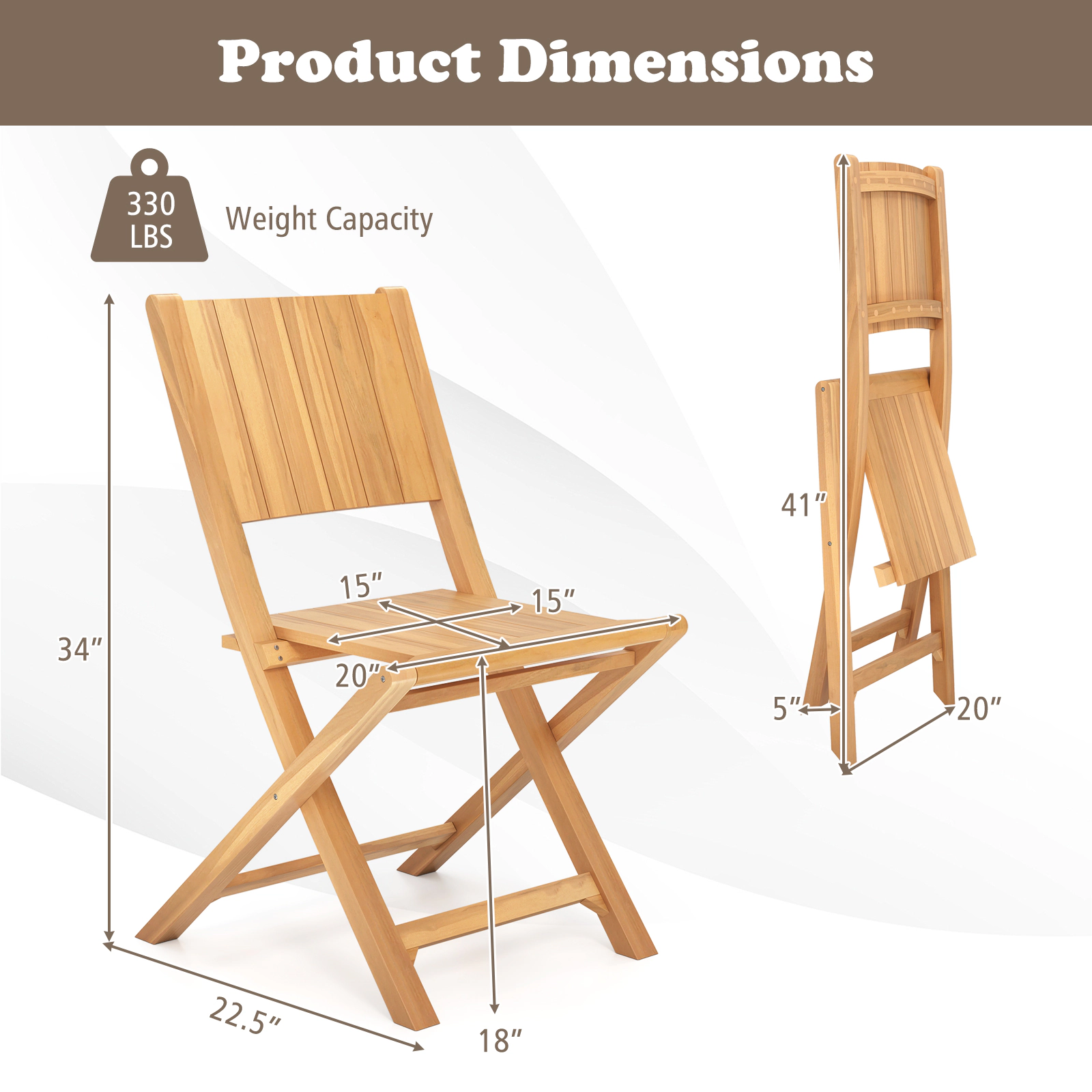 SUGIFT 2-Piece Teak Wood Outdoor Folding Dining Chairs with Slatted Seat 330-Lb Capacity Natural