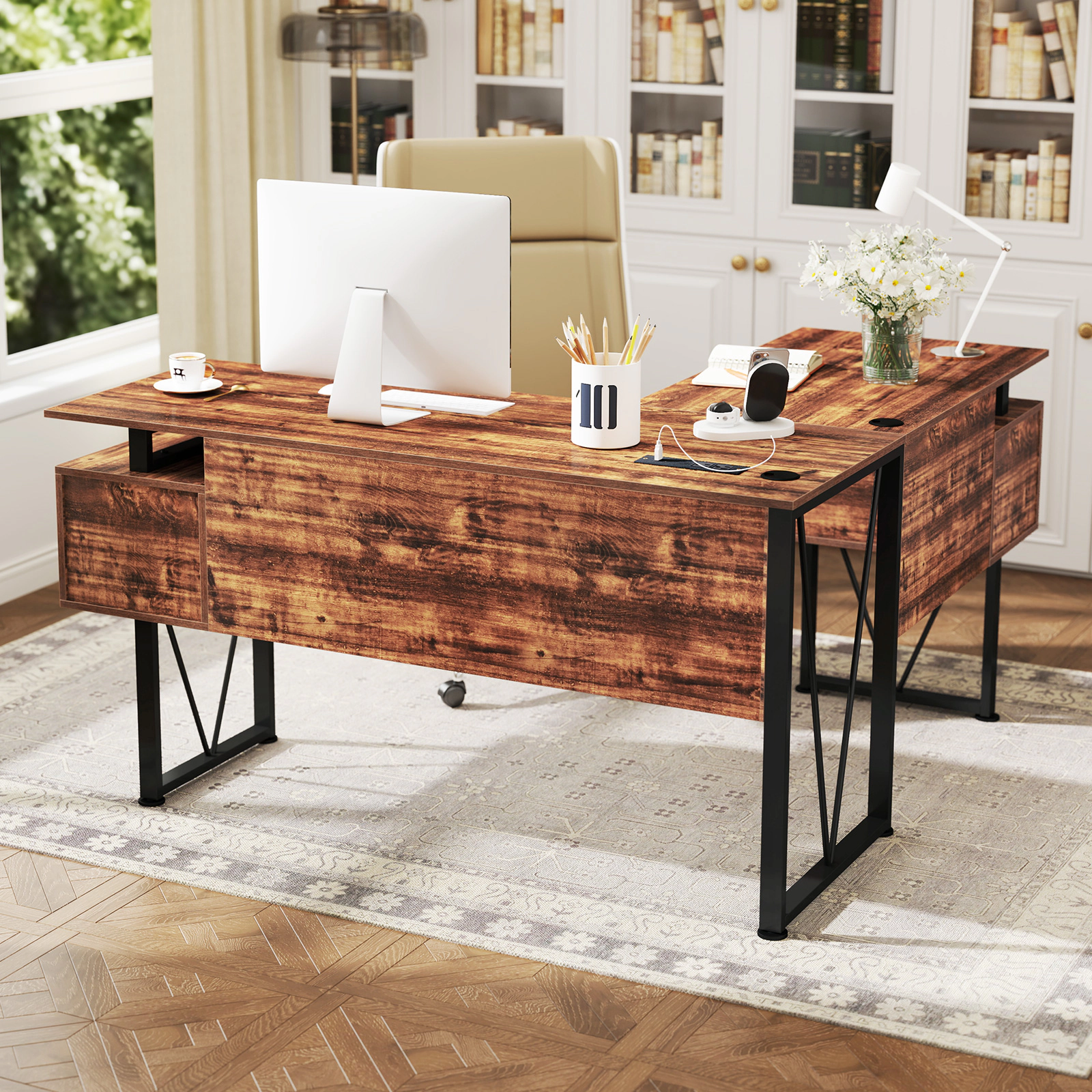 LJG L-shaped Computer Desk with Power Outlets and 3 Storage Drawers