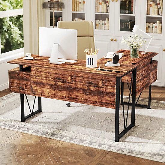 SUGIFT L-Shaped Computer Desk Rustic Brown 59 in Corner Desk with Power ...