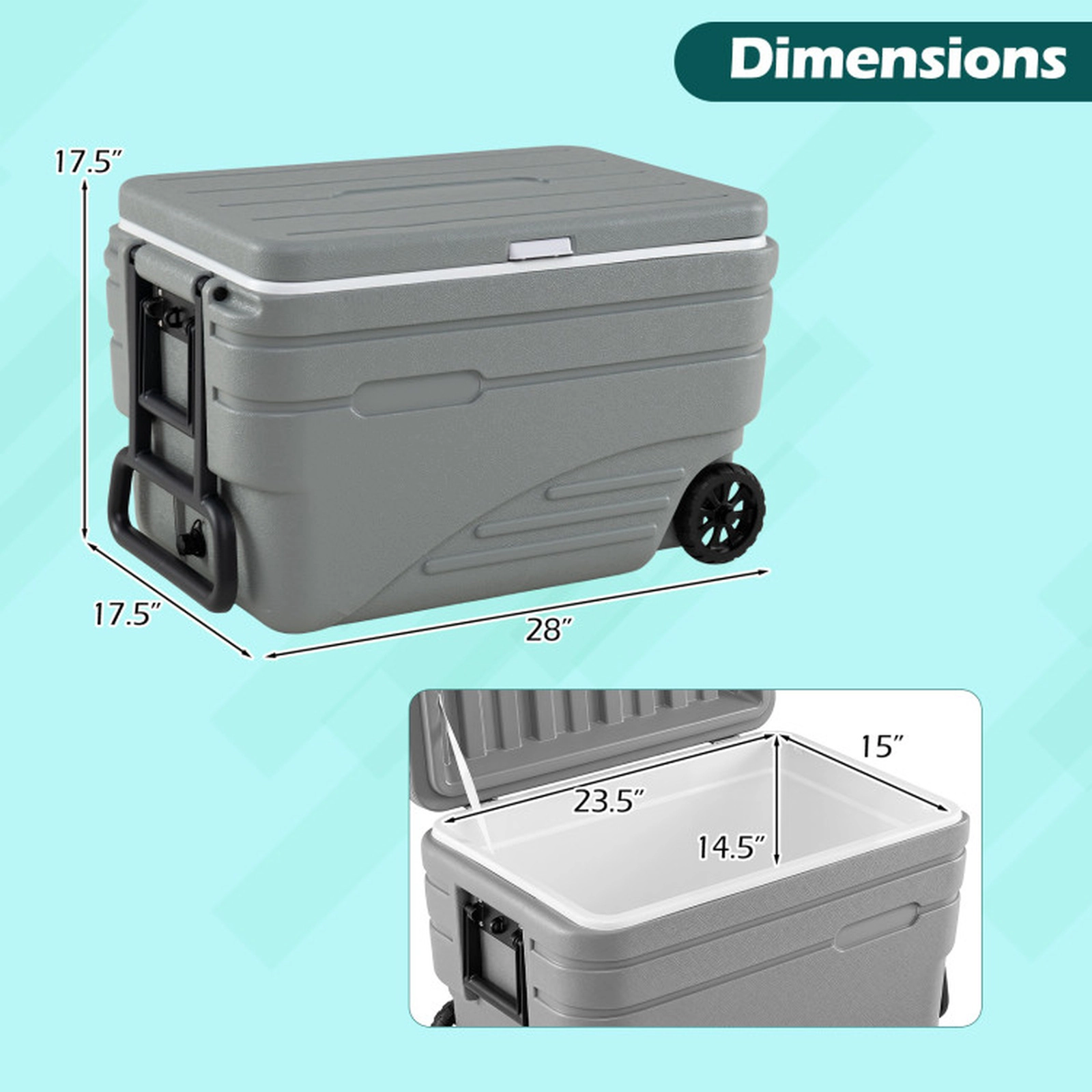SUGIFT 84 Quart Portable Wheeled Ice Cooler with Pull Handle 330-lb Top Capacity 28-in Exterior 23.5-in Interior Gray