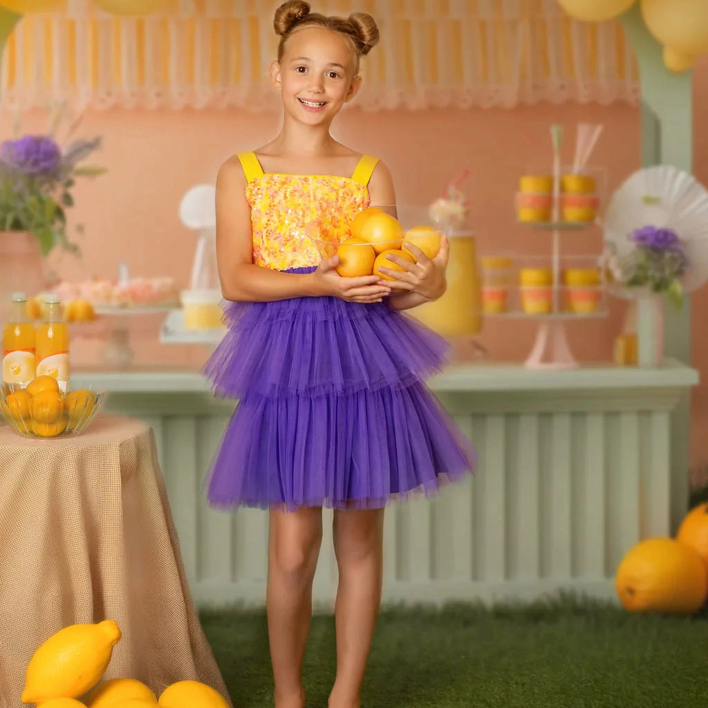 Faeella Girls Citrus Bloom Purple Sequin Tulle Birthday Dress
