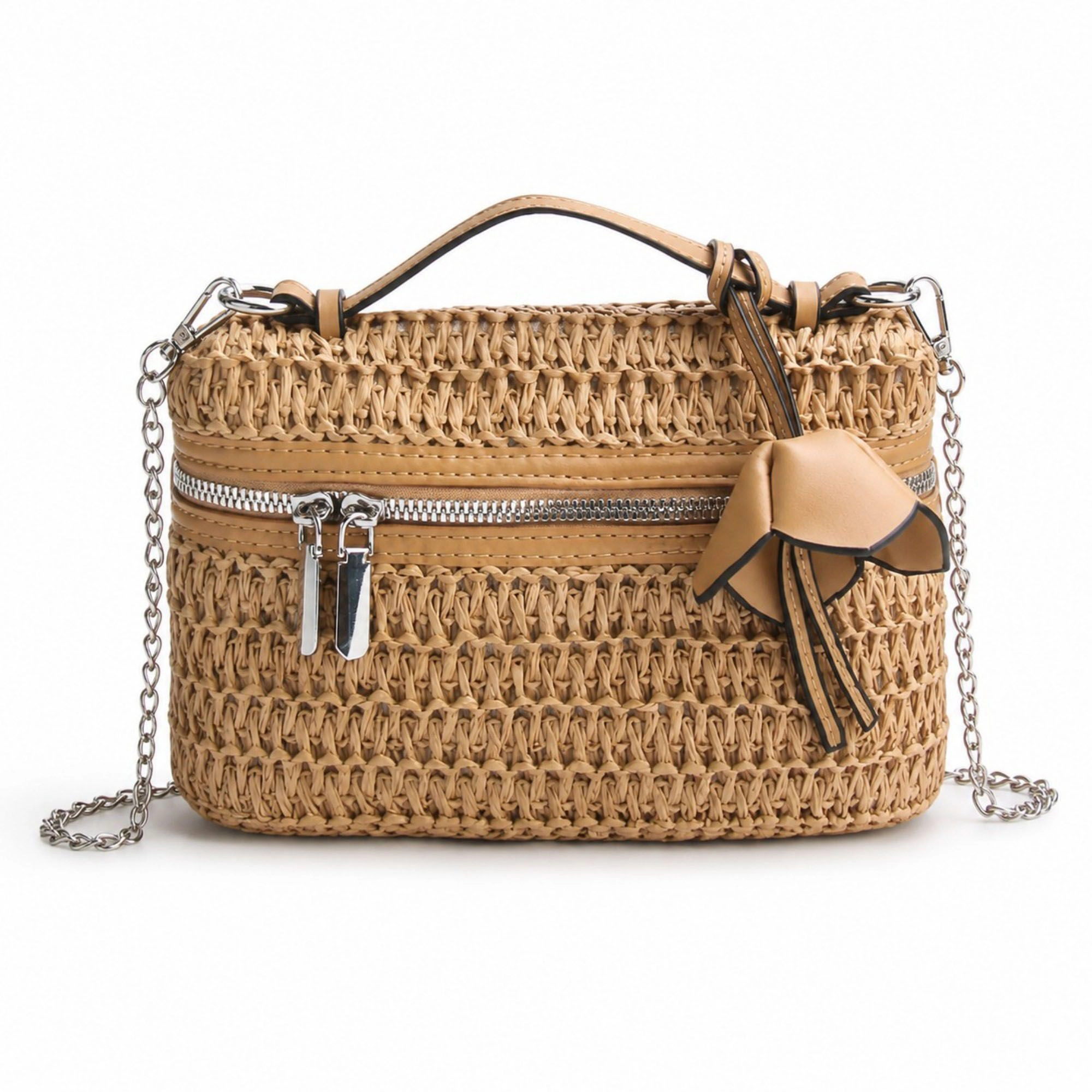 Alilang Women's Straw Woven Crossbody Bag with Chain Strap