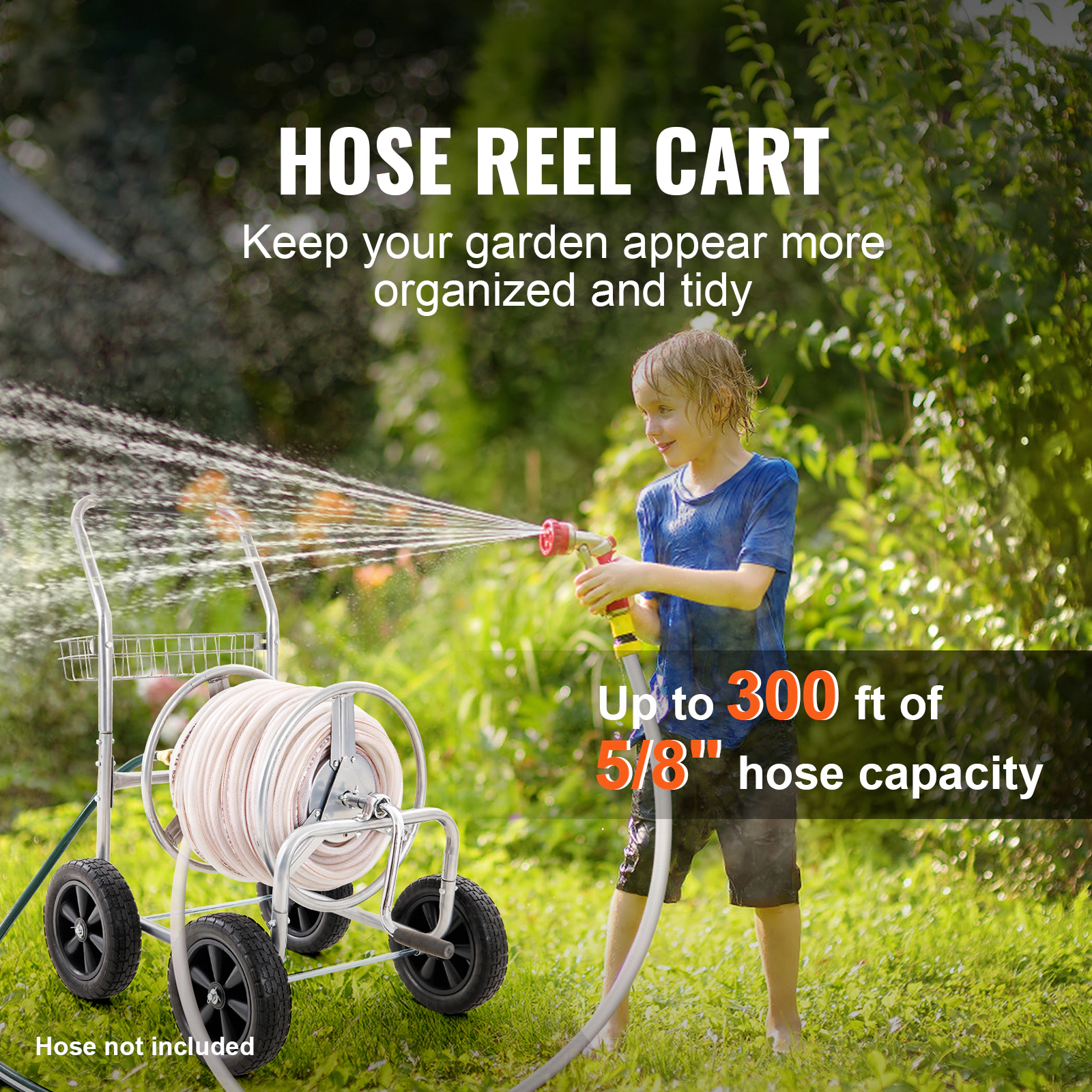 HONGGE Hose Reel Cart, Holds 300 ft of 5/8" or 500 ft of 1/2" Hose, Steel Frame with 4 Wheels and Storage Basket