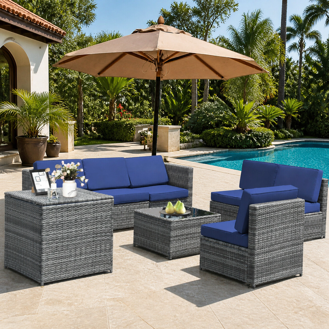 SUGIFT 8-Piece Navy Wicker Patio Sectional Set with Storage Box and Glass Coffee Table