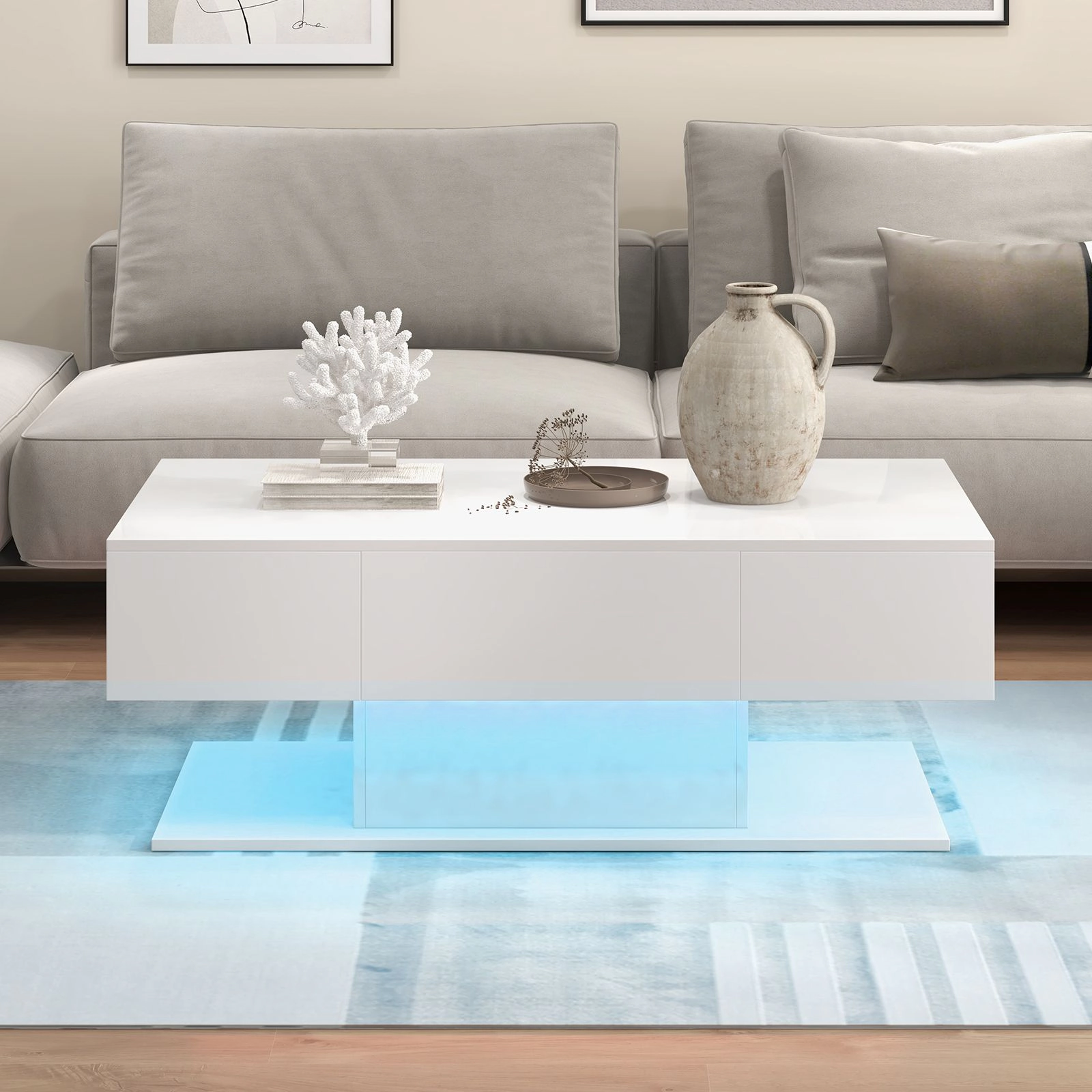 SlickBlue LED Coffee Table with Storage Drawers and High Gloss Finish