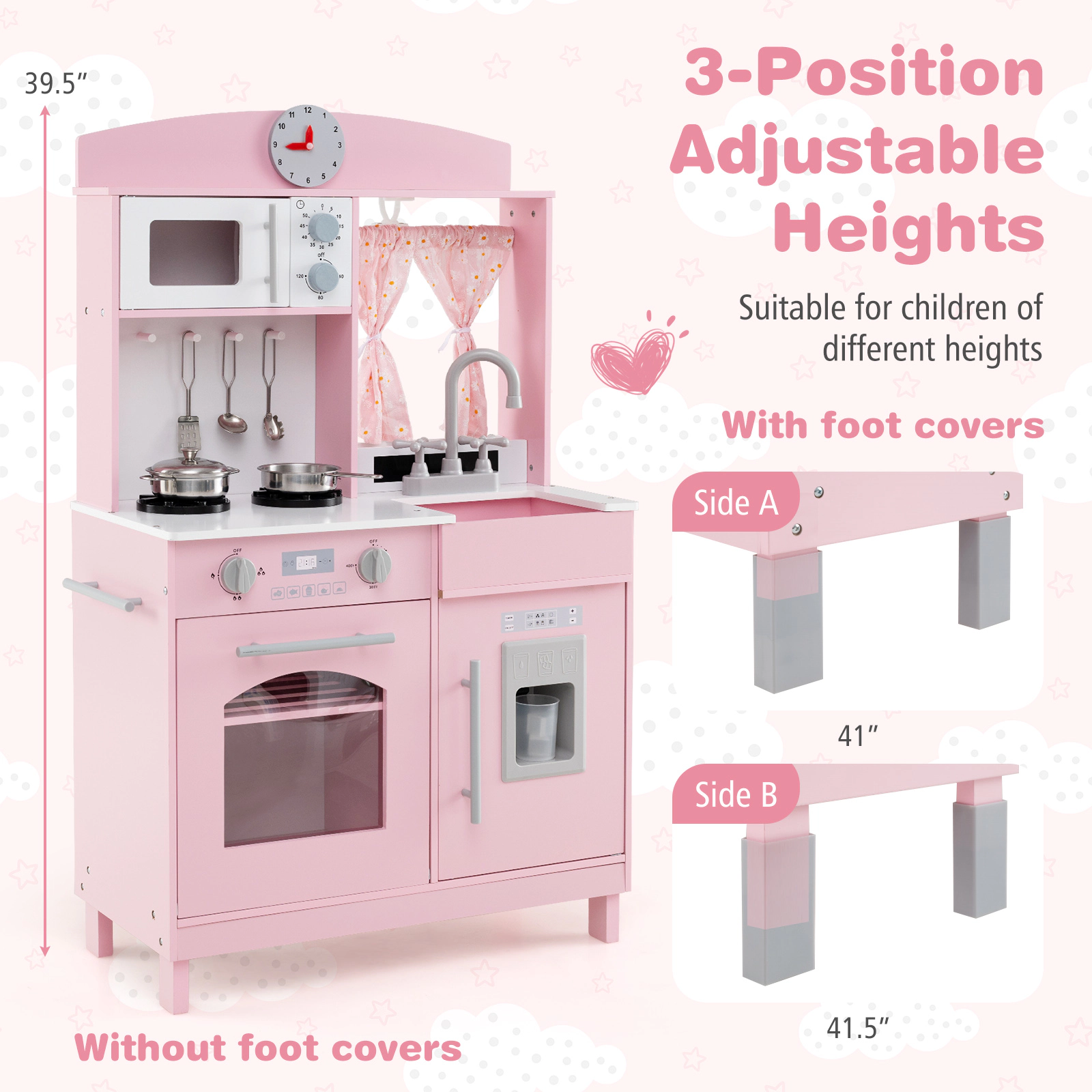 Play Kitchen for Kids 3 Adjustable Heights Ice Maker Microwave Curtains 25-in Wooden Chef Pretend Playset Ages 3+ Pink