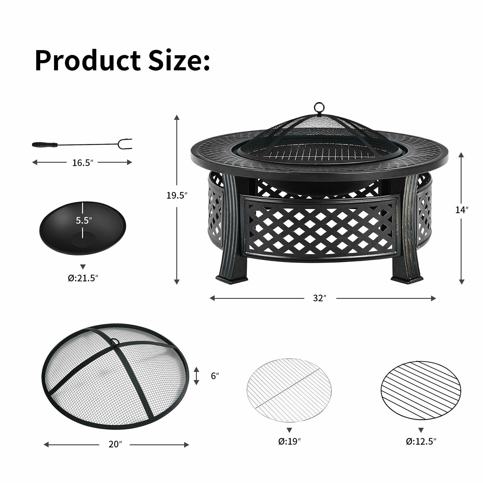 SUGIFT 32-Inch Black Steel Wood-Burning Fire Pit with BBQ Grill, Spark Cover, Poker and Rain Cover