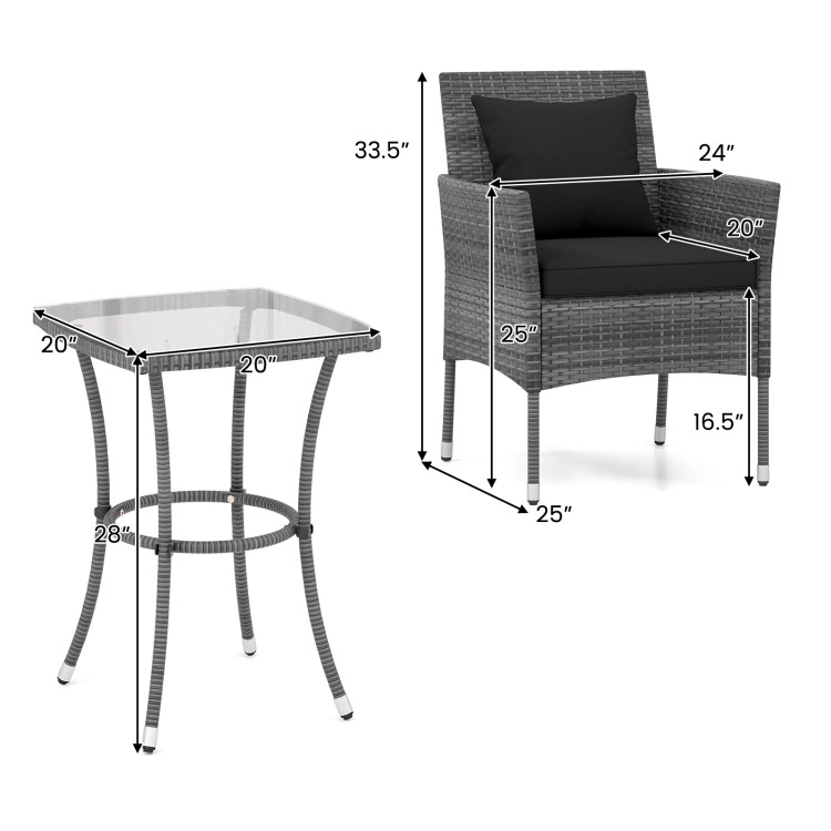 Hivvago 3 Pieces Patio Furniture Set With Cushioned Chairs And Tempered Glass Coffee Table