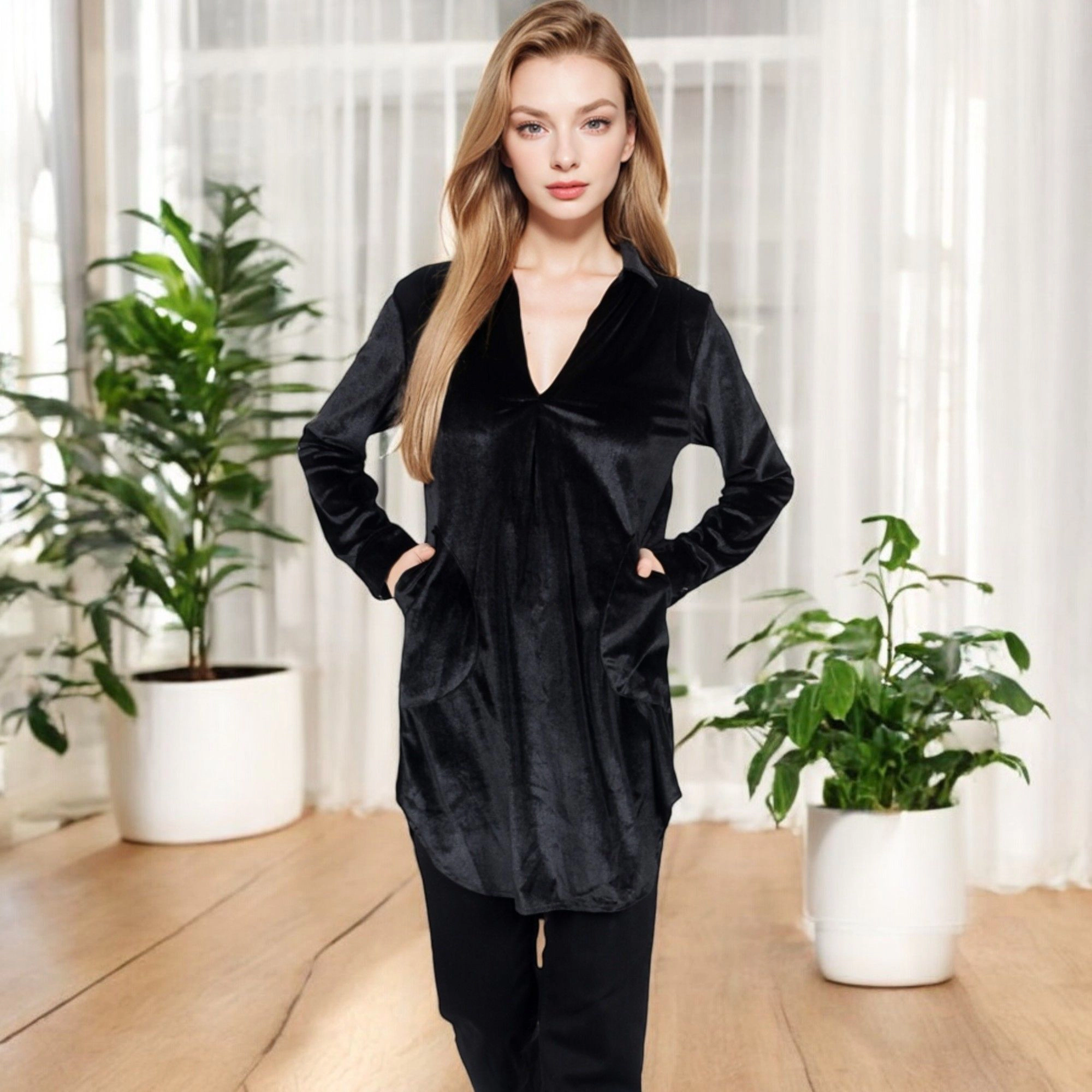Anna-Kaci Women's Velvet V-Neck Side Pockets Shirt Dress