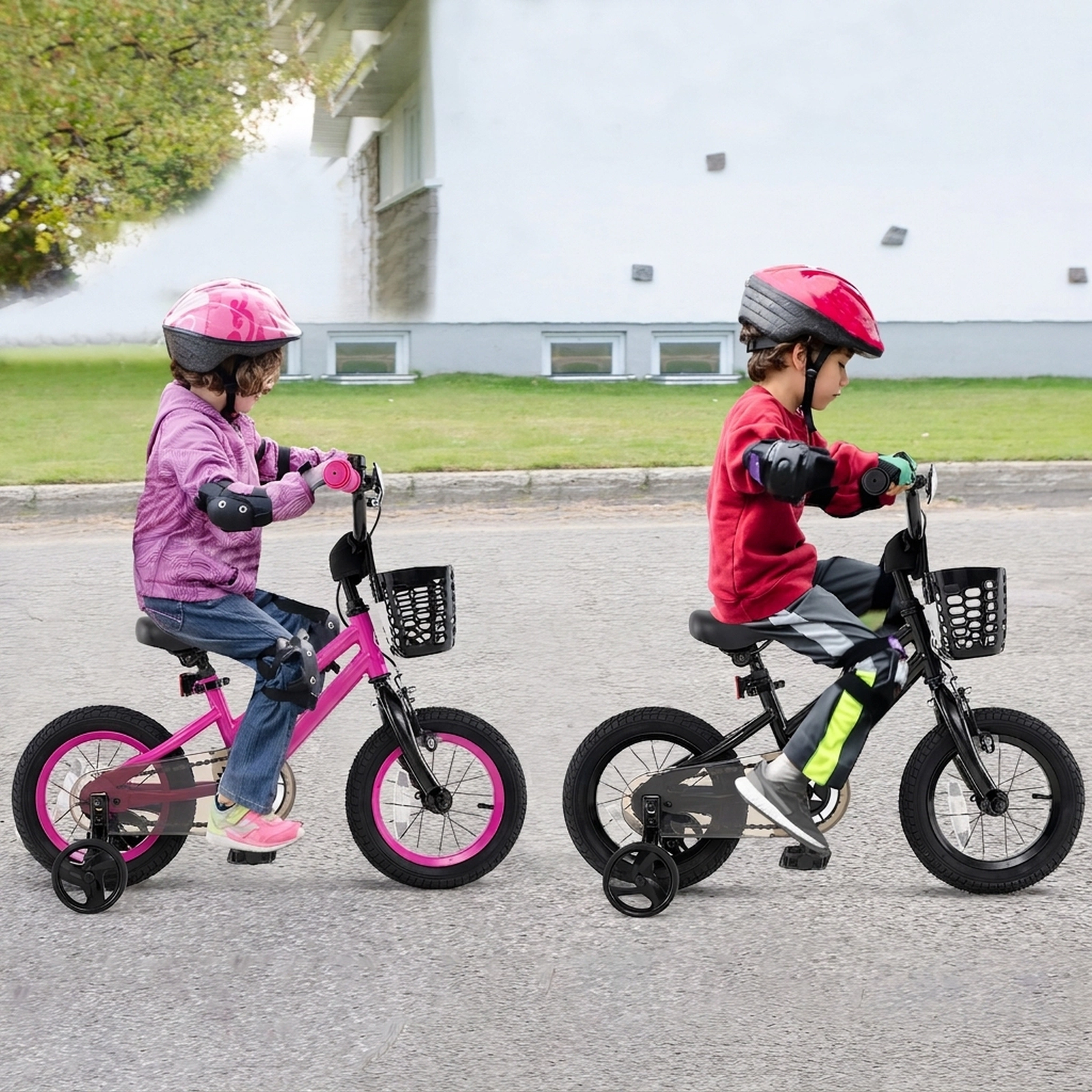 12-in Kids Bike Front Basket Quick-Release Adjustable Seat and Removable Training Wheels Ages 3-4 Dual Brakes Pink