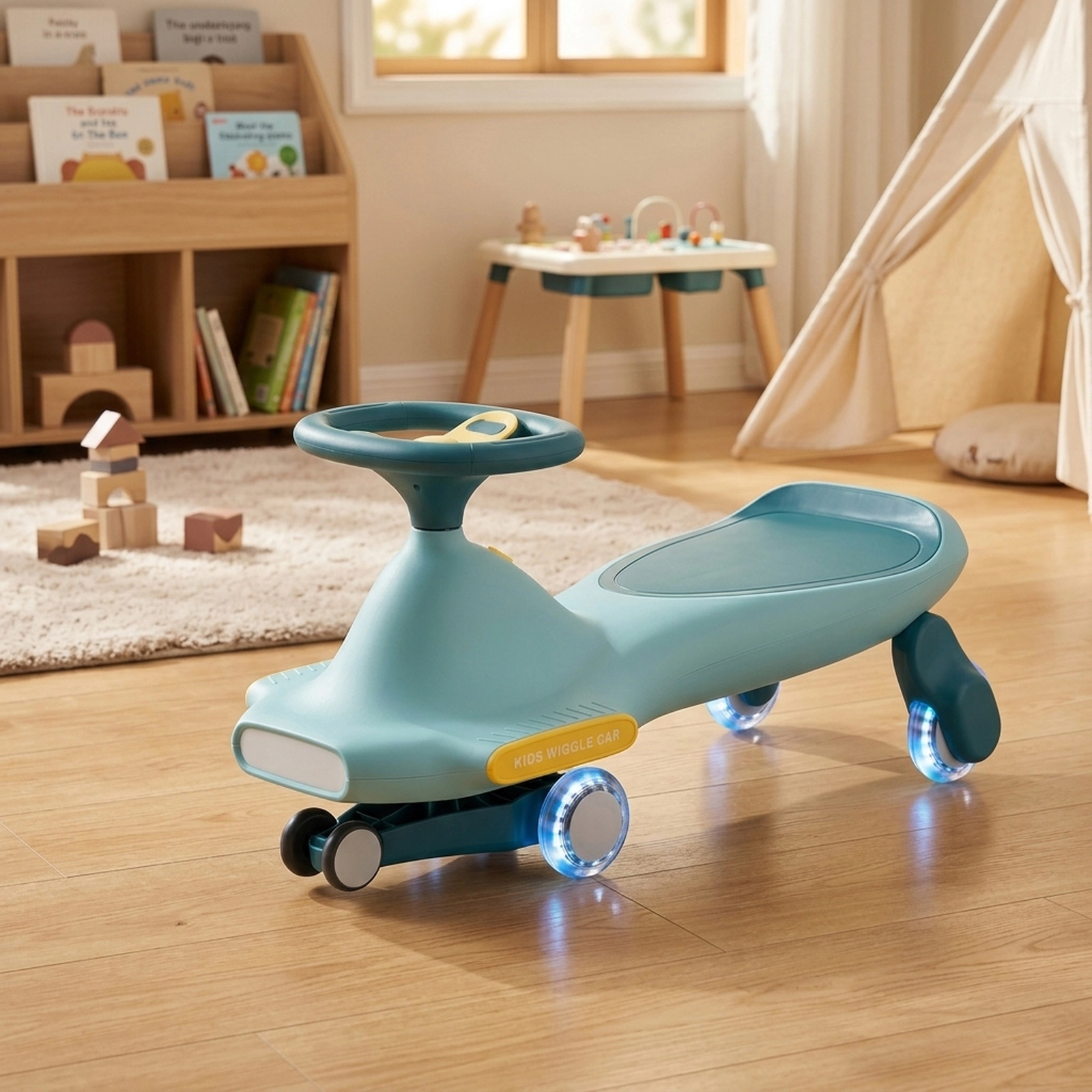 SUGIFT Blue 6 LED Flashing Wheels Music and Wide Wheelbase Kids Ride On Wiggle Car