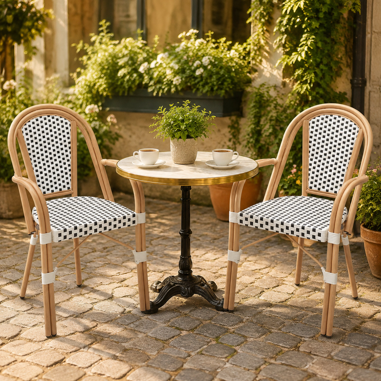 SUGIFT White Hand Woven PE Wicker and Curved Armrests Set of 2 French Bistro Chairs
