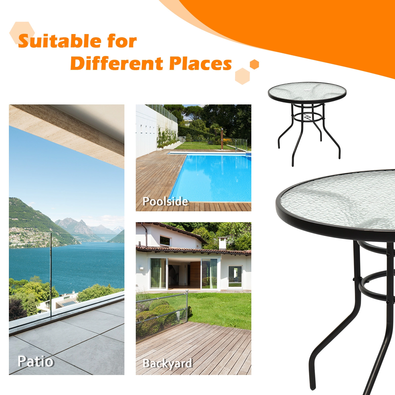 SUGIFT 32-Inch Round Outdoor Patio Dining Table, Tempered Glass Top, Umbrella Hole, Black Steel Frame